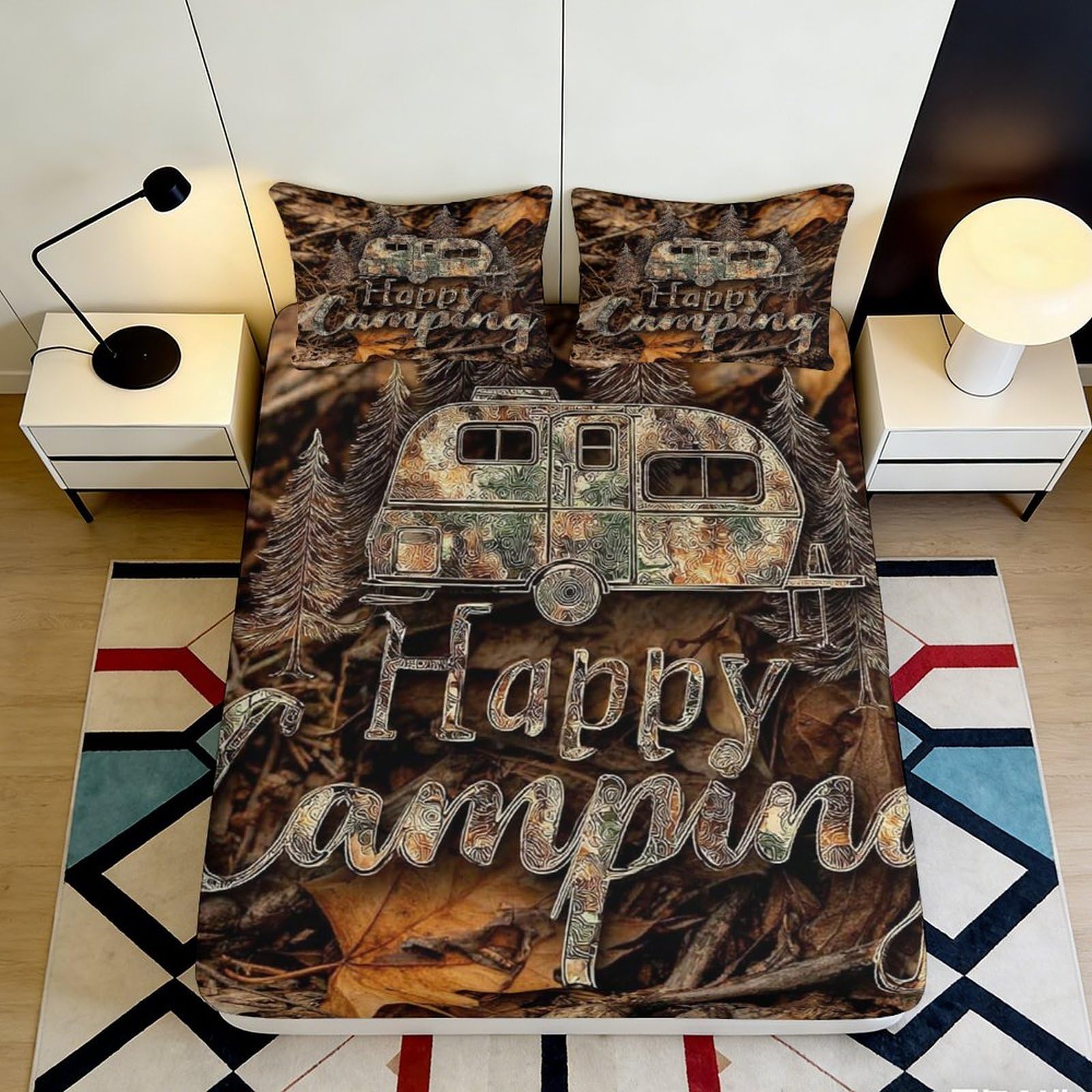 3D Printed Rustic Camper Van Fitted Sheet Microfiber Soft Durable Happy Camping Bed Cover for Bedroom Dormitory Guest Room Mattress Protection 120x200x25cm