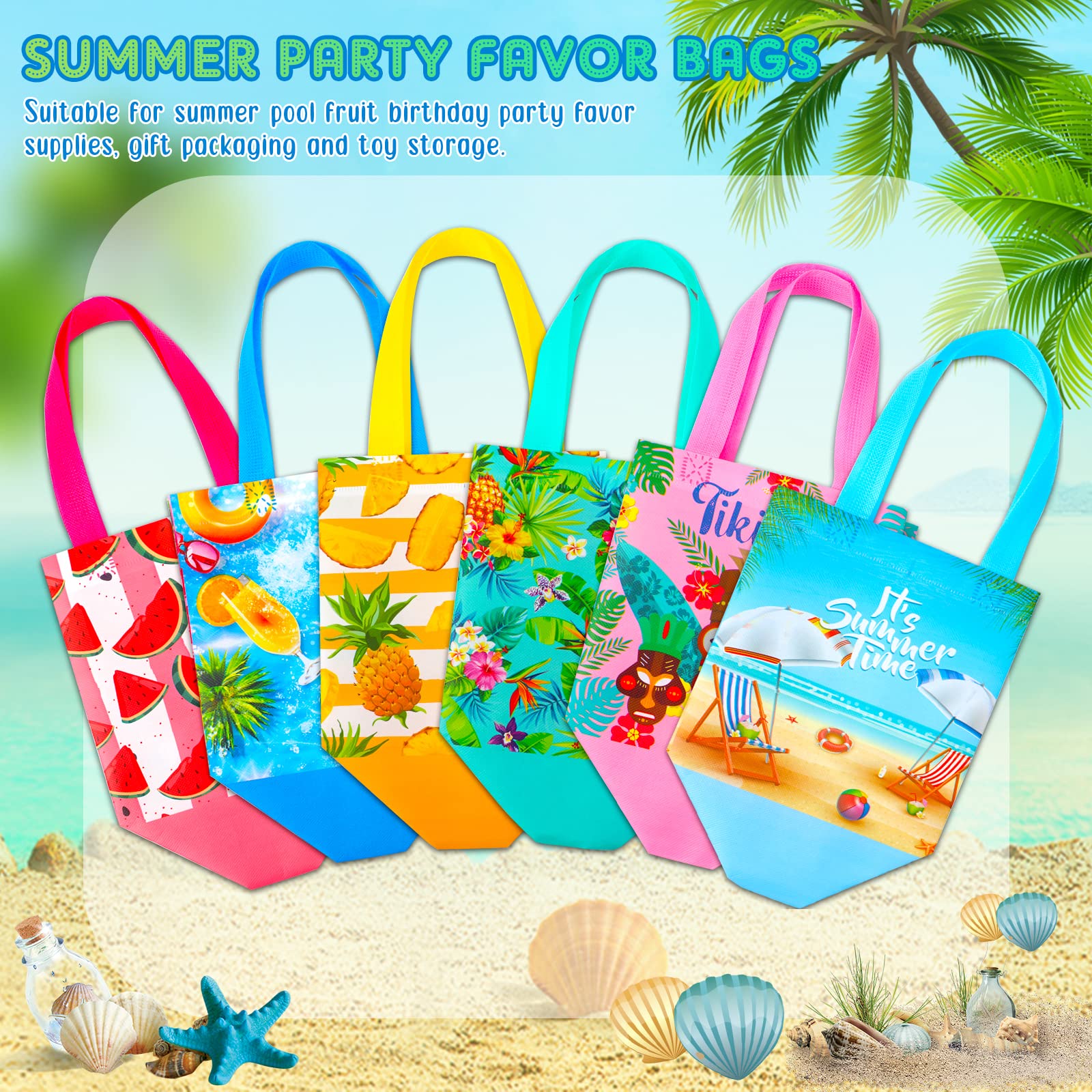 Hillban 60 Pcs 8 x 8 x 6 Inch Summer Party Favor Bags Fruit Gift Treat Bags Hawaii Aloha Goodie Totes Summer Beach Pineapple Watermelon Non Woven Totes with Handles for Party Supplies
