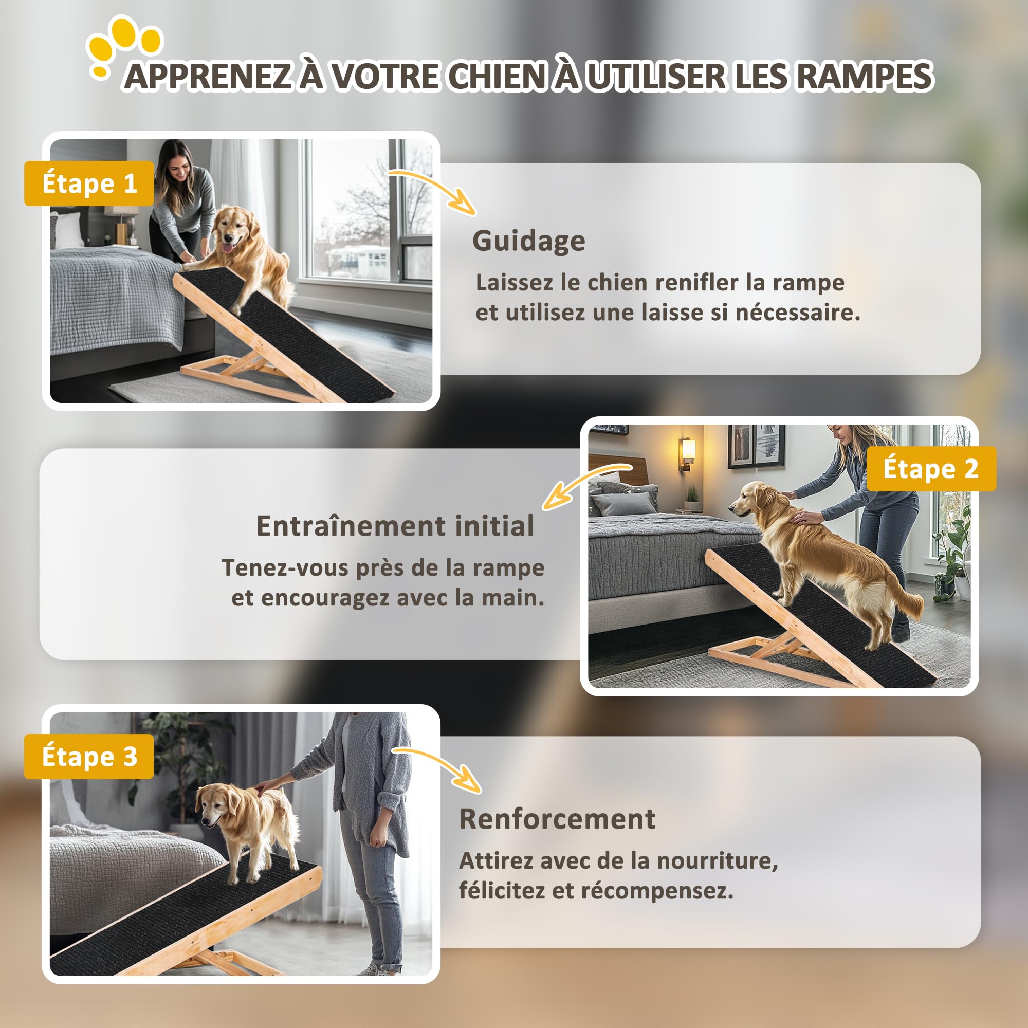 PawHut Rampe pour Chien de Grande Taille Pliable, escalier pour Chien avec Hauteur Ajustable 26-61 cm, Surface antidérapante, Facile à Transporter, pour lit et canapé, Bois de pin, Noir