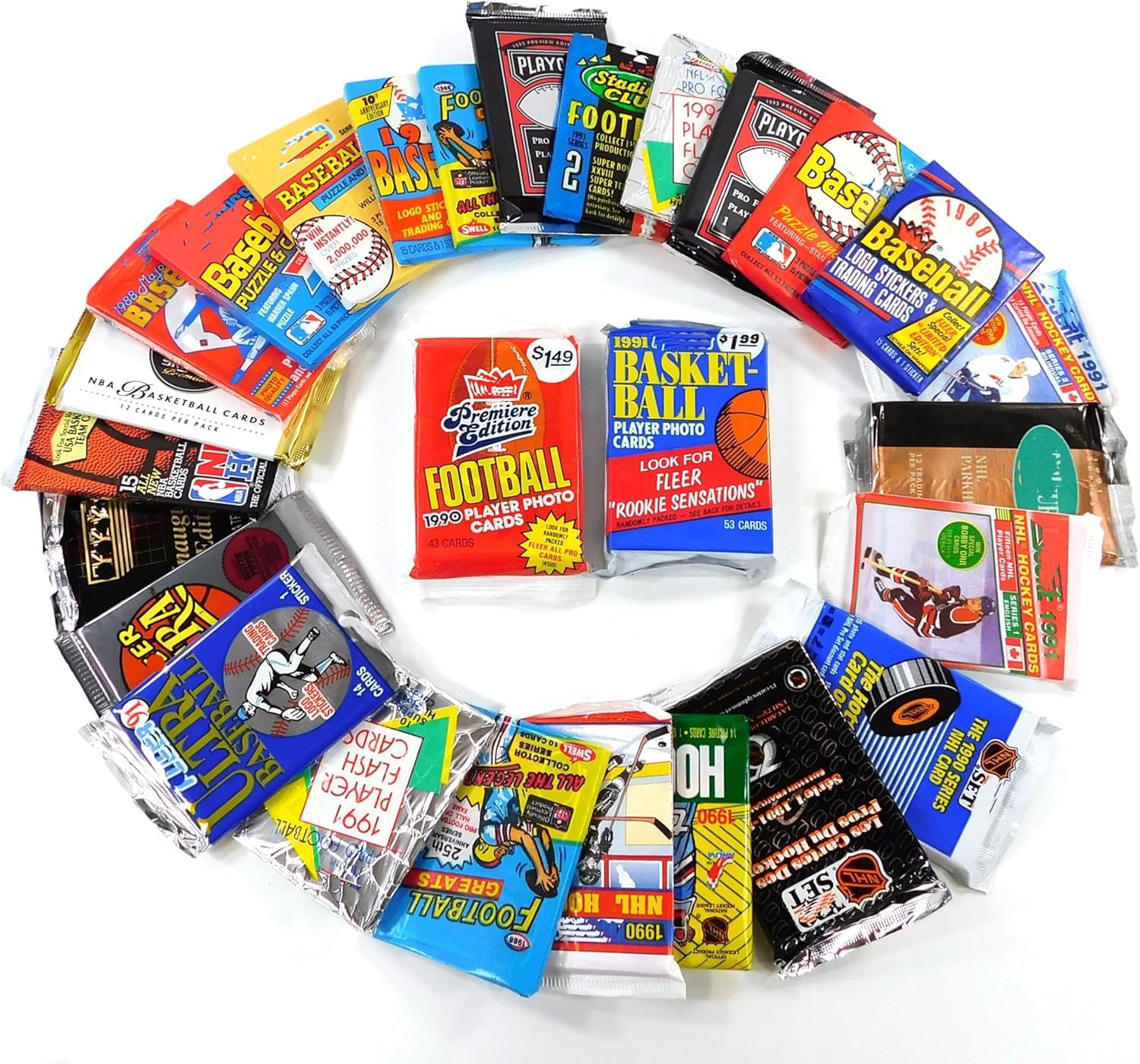 Vintage Multi-Sport Sealed Pack Lot - Assortment of Baseball Basketball Football and Hockey Trading Cards