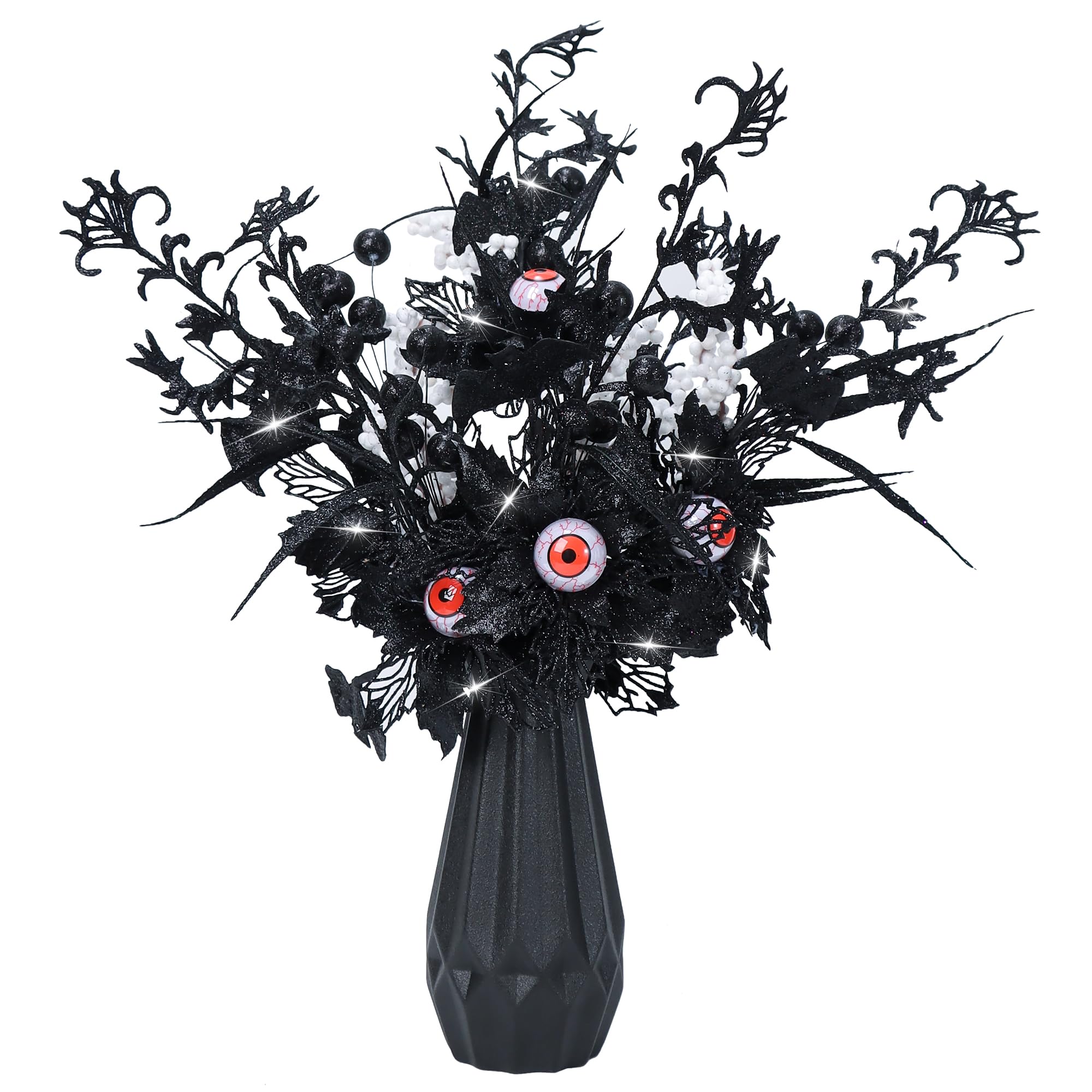 4 Pcs Artificial Black Halloween Glitter Flowers, Bat, Devil's Blood Streak Eyes Sprays Artificial Eyeball Stems for Halloween Home Decoration Table Centerpiece, Halloween Party, Wreath Decoration