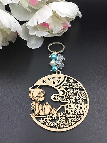 MTT 12 unids bautismo niño madera azul ángel luna diseño llavero bautismo favores con ángeles para niño recuerdos de bautizo