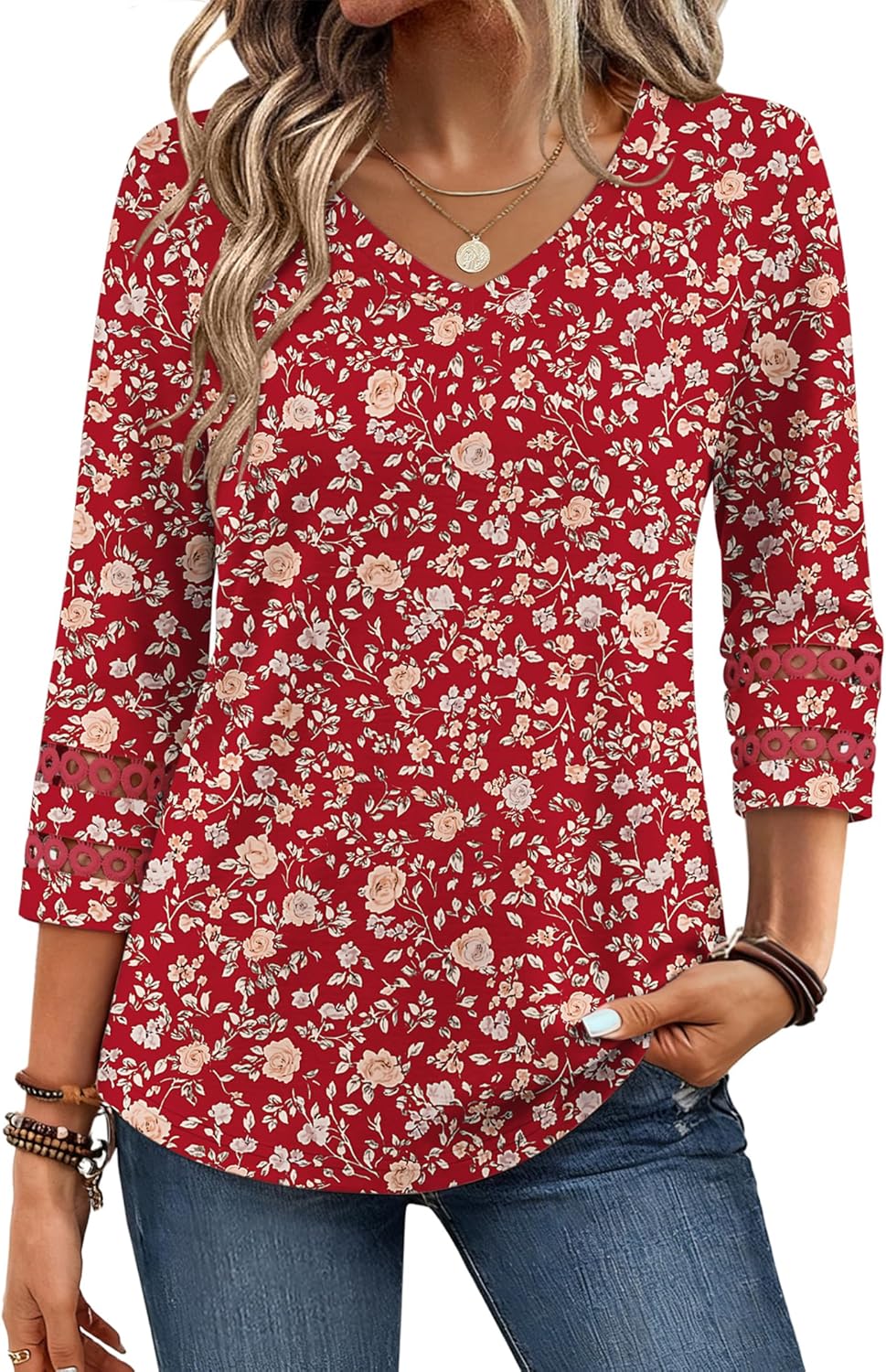 Zeagoo 3/4 Length Sleeve Womens Tops V Neck Dressy Casual Blouses Trendy Eyelet T Shirts Work Clothes S-XXL