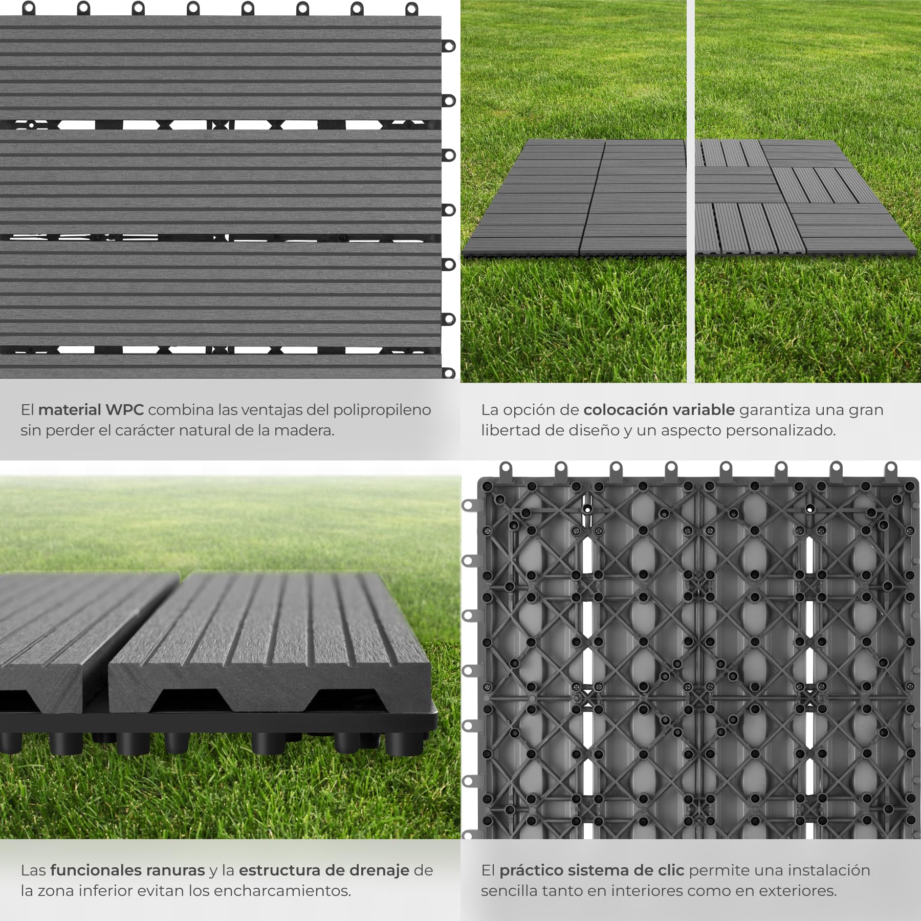 tectake® Set Baldosas Jardín Exterior con 4 Tablones, 31 x 31 cm, Suelo Terraza Exterior Resistente, Suelo para Jardín con Base de Rejilla y Drenaje, área de 1,0571 m2 - Juego de 22 Gris — view 4
