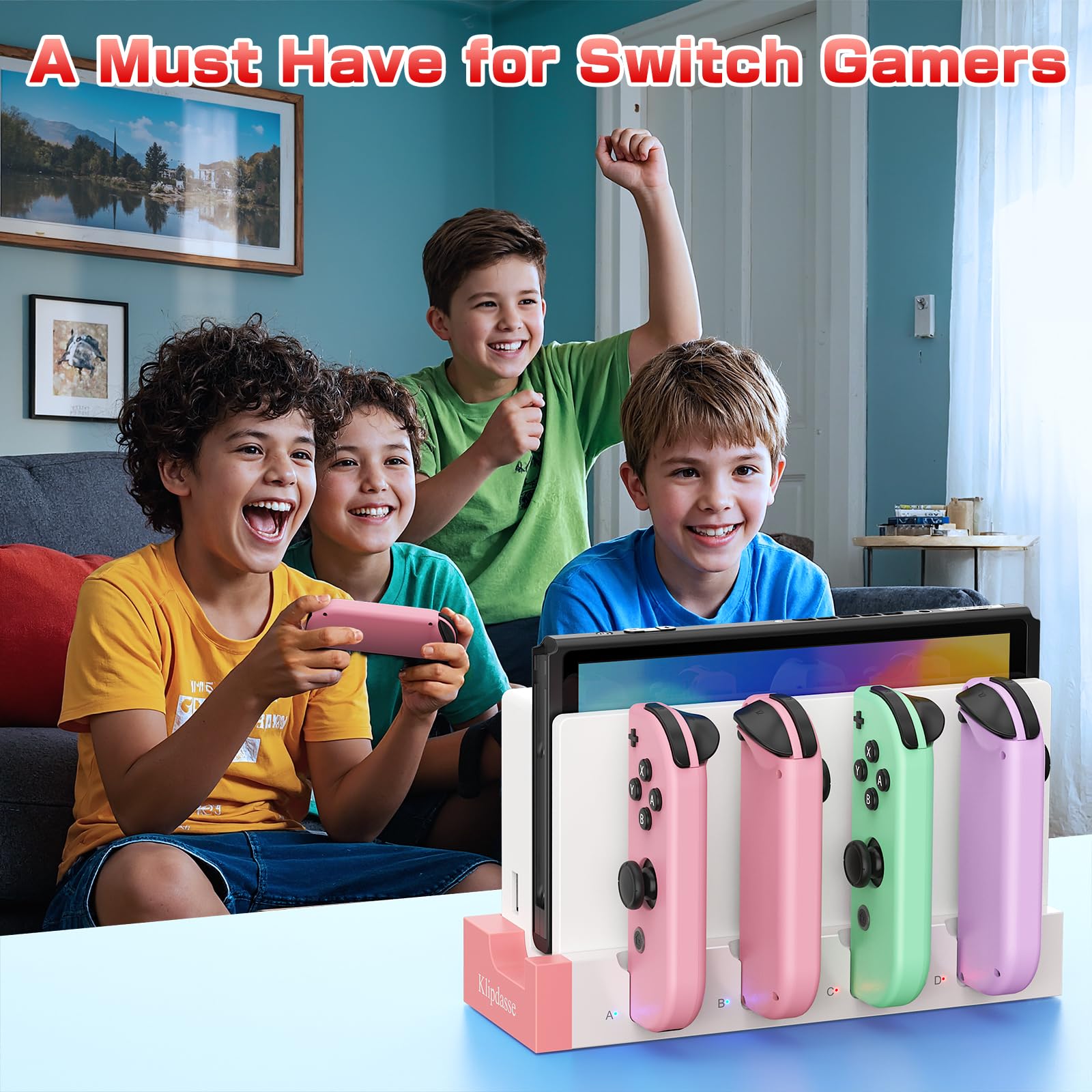 Base di ricarica per Joy-con compatibile con Nintendo Switch e OLED, stazione base di ricarica per Nintendo Switch con indicatore, supporto di ricarica per 4 maniglie Joycon