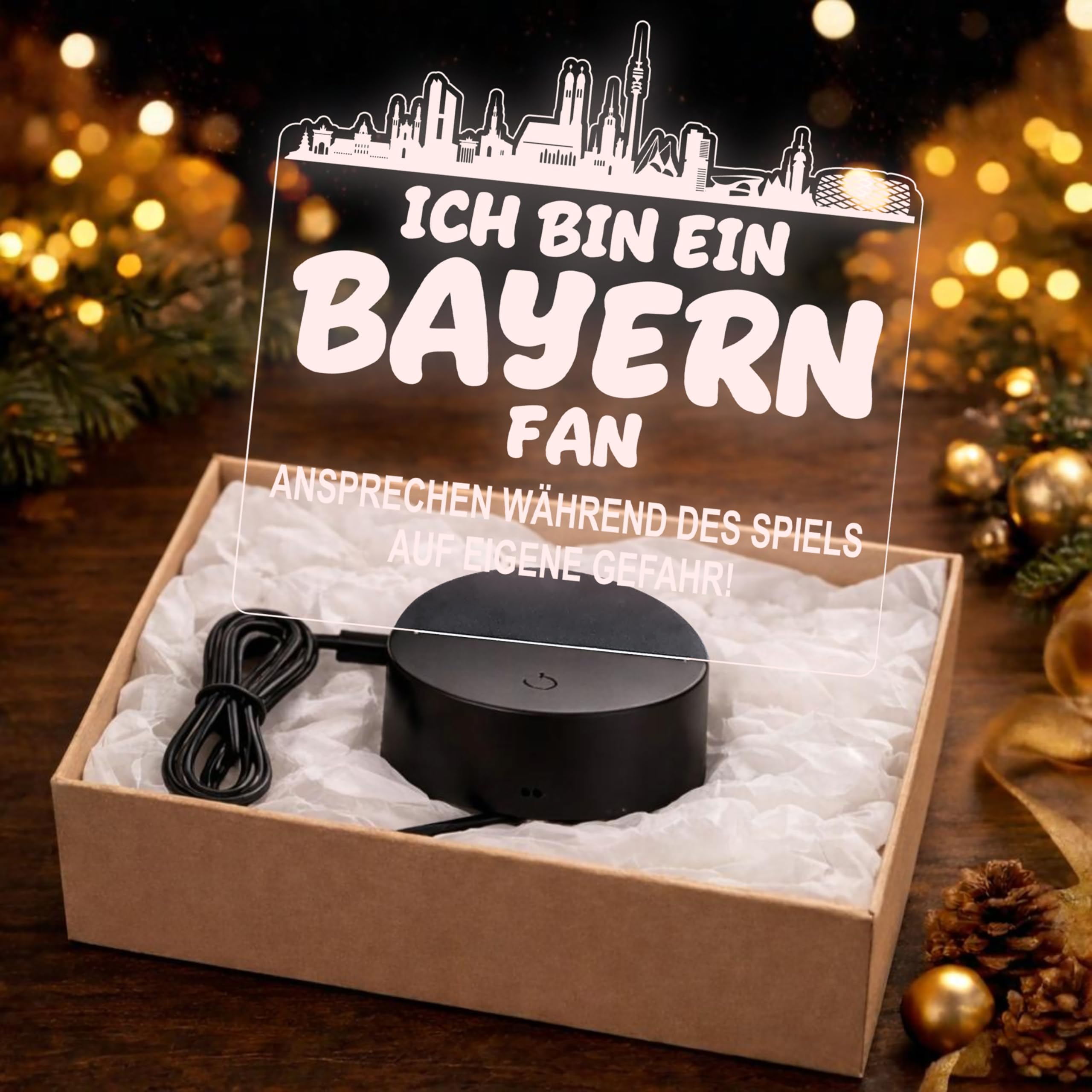 Lieblingsmensch Bayern Fan Fußball LED Nachtlicht – 3D Skyline Design „Ansprechen auf eigene Gefahr“ – RGB Farbwechsel mit Fernbedienung & Touch – Stimmungslicht für die Man Cave – 19x23cm