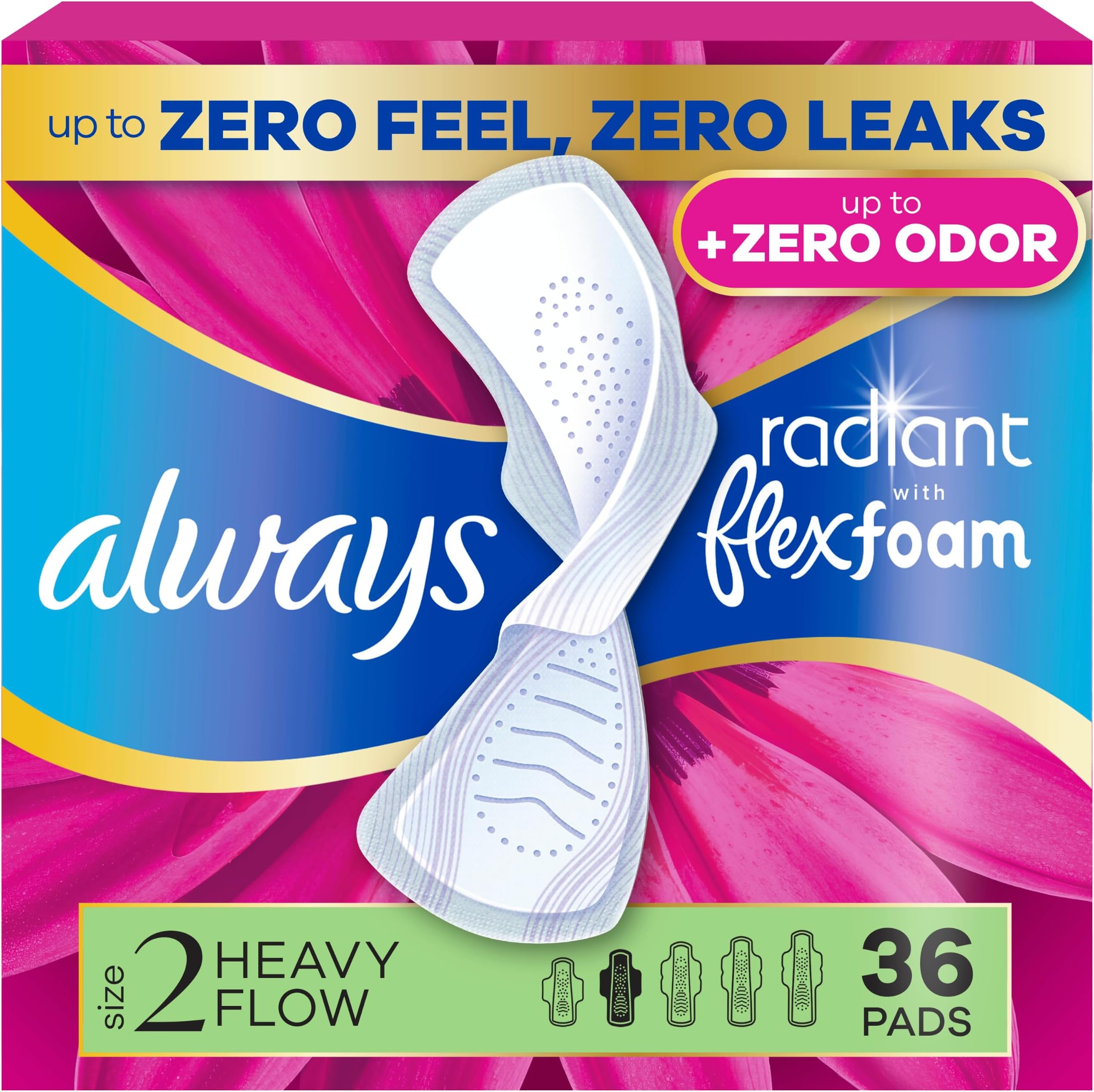 Always Radiant with FlexFoam Pads for Women, Size 2, Heavy Pad with Wings, Scented, Up to Zero Feel, Zero Leaks, 36 Count