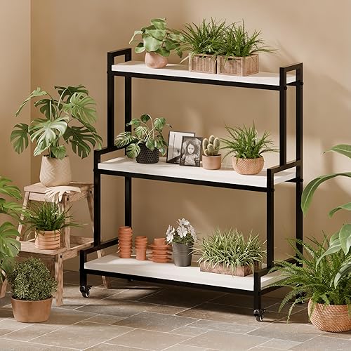 Miniatura 9 de YCCO Soporte rústico para plantas con ruedas, estantes de plantas rodantes para interiores y exteriores, soporte de metal para plantas con madera