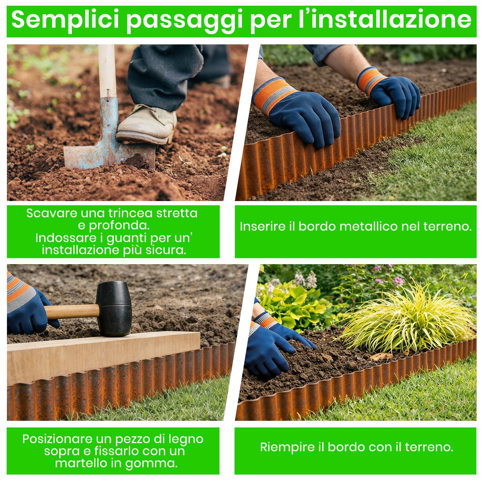 Bordura per Giardino in Acciaio Corten 12m x 15 cm, Bordura per Aiuola in Metallo, Bordo per Prato in Ruggine, 1 Paio di Guanti Incluso, per delimitare aiuole (Forma ondulata, 12M x 15CM)