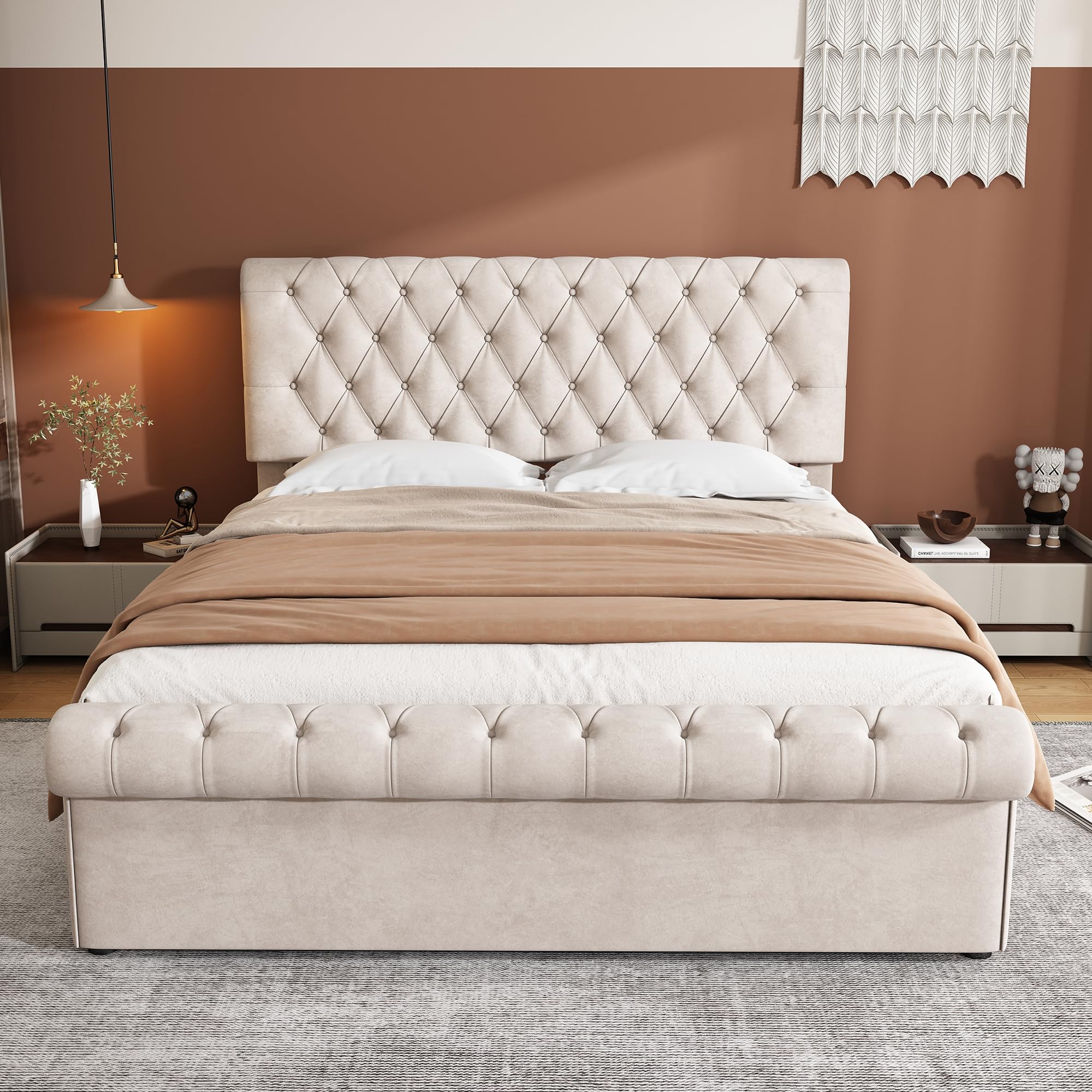 Ball & Cast Upholstered Gas Lift Up Bed Frame With Storage, Ottoman Storage Bed, Velvet Double Bed Frame, Ottoman Bed With Wooden Slats, (4ft6 Beige Double 135 x 190, No Mattress)