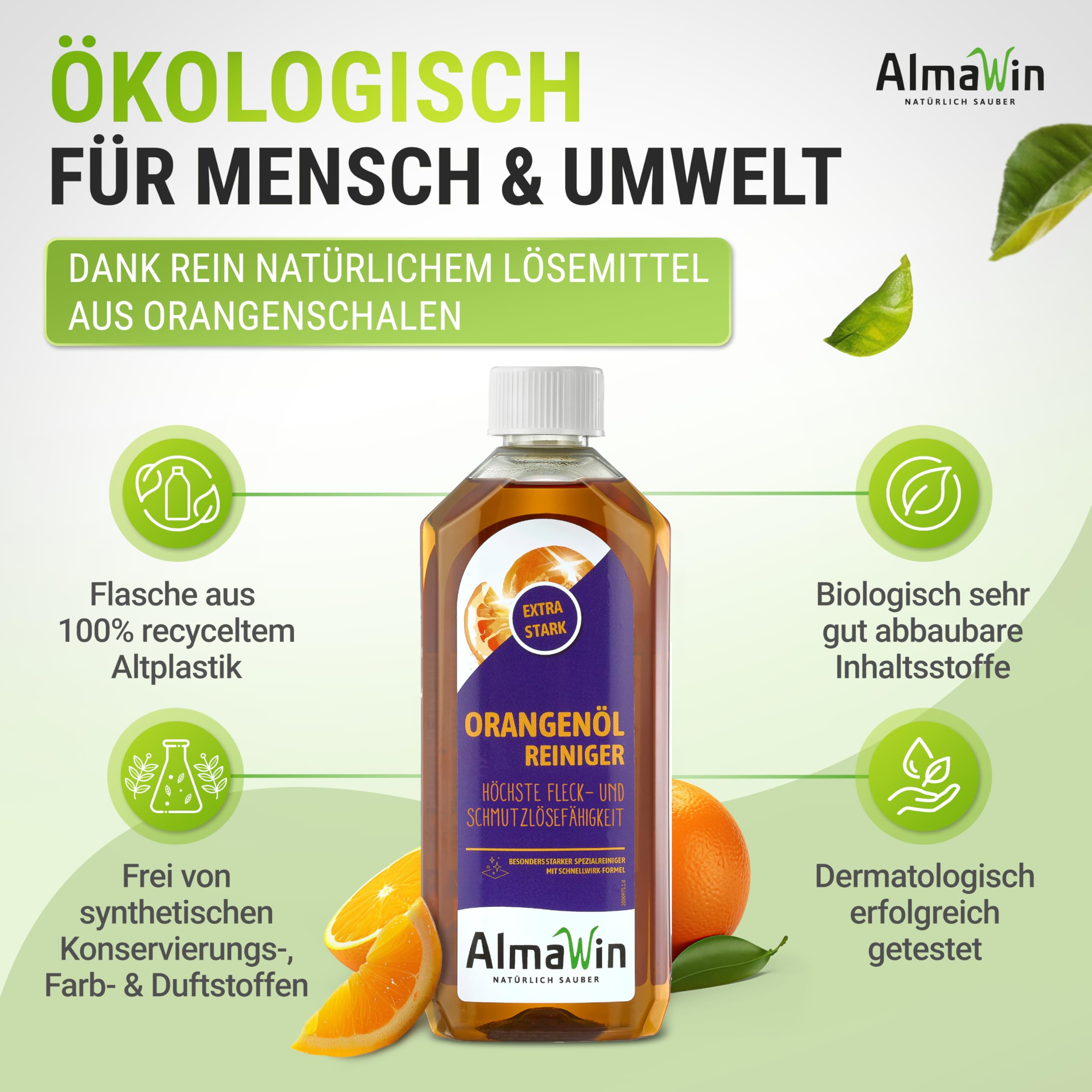 AlmaWin® Orangenöl Reiniger EXTRA STARK [6x 500ml] ideal als starker Allesreiniger & Fettlöser - Veganes Orangenreiniger Konzentrat in recycelter Flasche - Besonders ergiebiger Orangenölreiniger