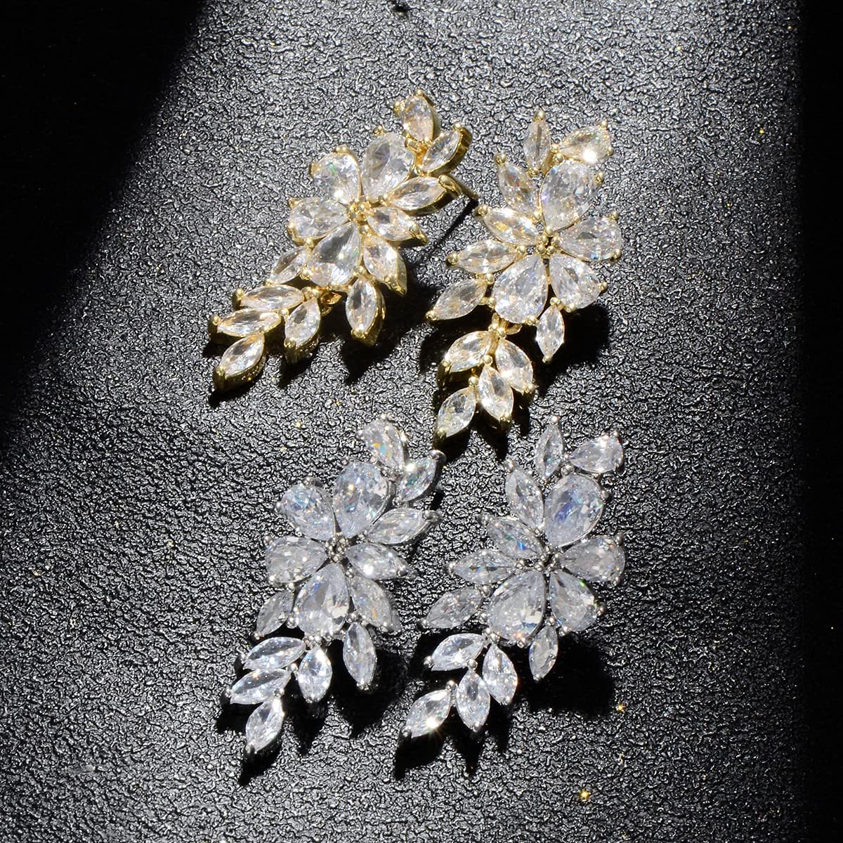 Women's Cubic Zirconia Wedding Earrings - 14k Plated Sterling Silver Bridal Crystal CZ Cluster Floral Flower Dangle Drop Earring for Bride Bridesmaids Party Prom Girls Costume Jewelry - Image 6