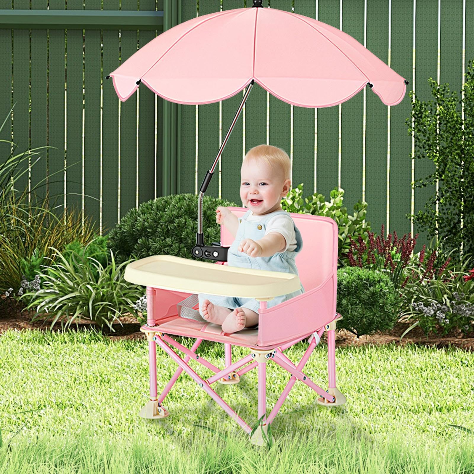 Chaise de camping pour bébé, chaise de salle à manger pliante avec parasols, chaise haute de camping pliante pour bébé, siège rehausseur avec plateau amovible pour bébé, chaise de plage pour bébé de 3