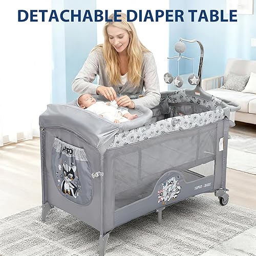 Miniatura 9 de GarveeHome Cuna 4 en 1, para empacar y jugar, cuna portátil con puerta con cremallera y cambiador, ruedas de bloqueo, almacenamiento inferior y