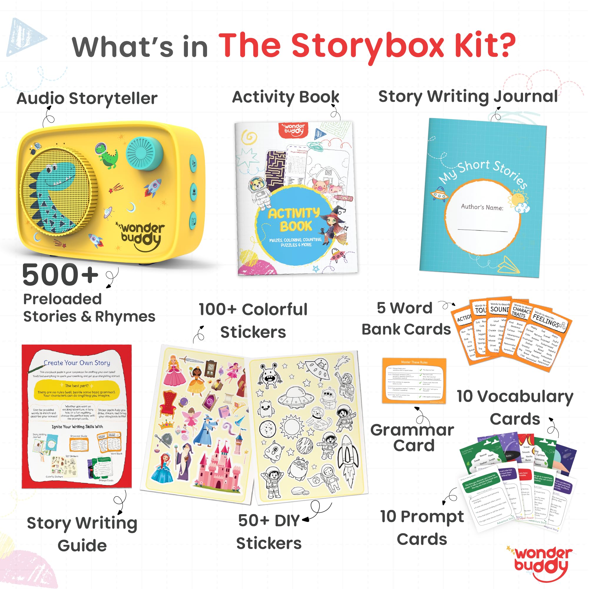WonderBuddy Kids Story Box Audio Player, 500+ Preloaded Stories & Rhymes, Story Writing DIY Art Kit, Voice Recorder, Content Upgrade, Bluetooth, Birthday Gift for Boys Girls 3+ Years- Dino