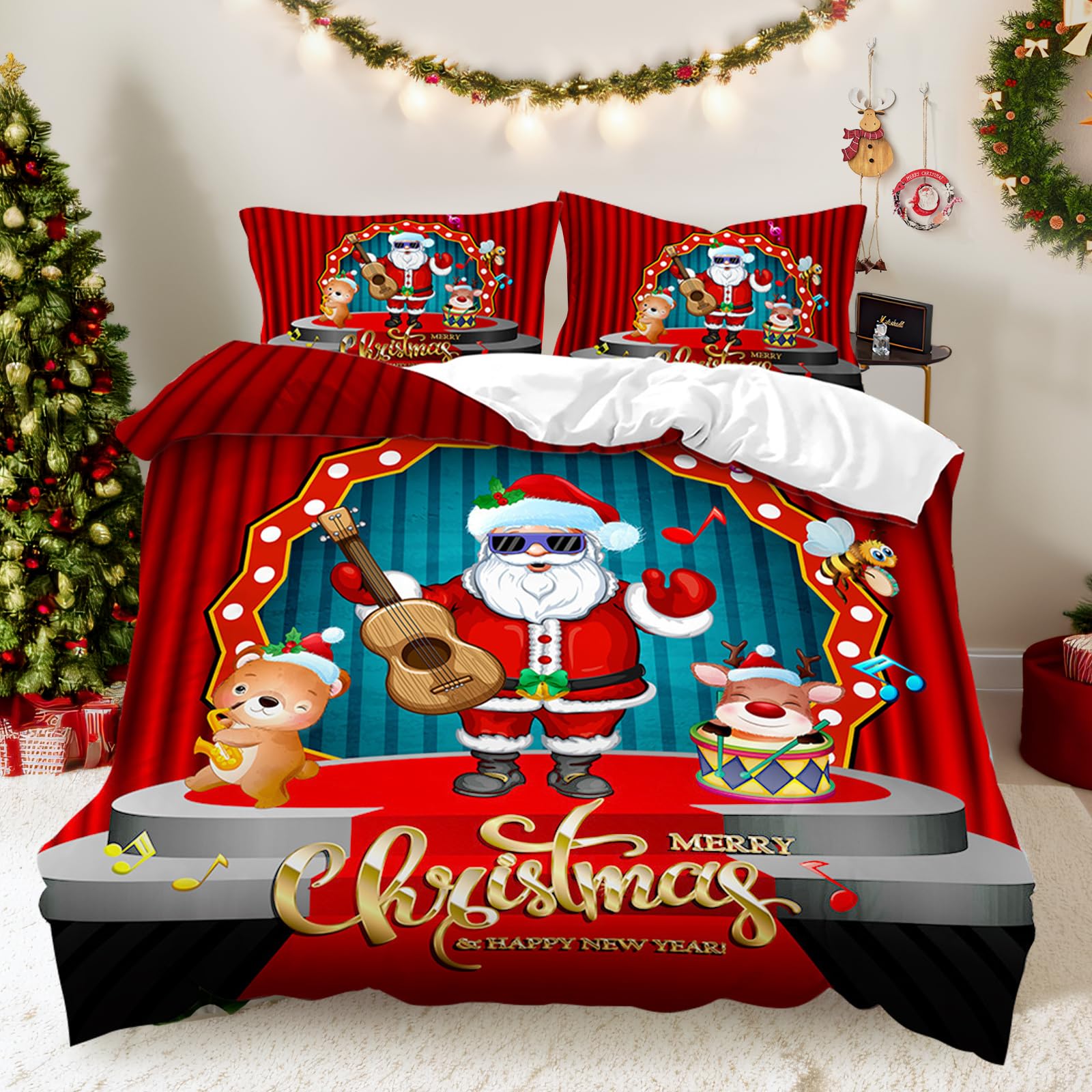 Christmas Duvet Cover Set King Size Santa Easy Care Xmas Bedding Set Christmas Reindeer Santa Claus playing guitar Printed King Size Red Quilt Bedding Set include 1 Duvet Cover 2 Pillow Style 3 - Image 2