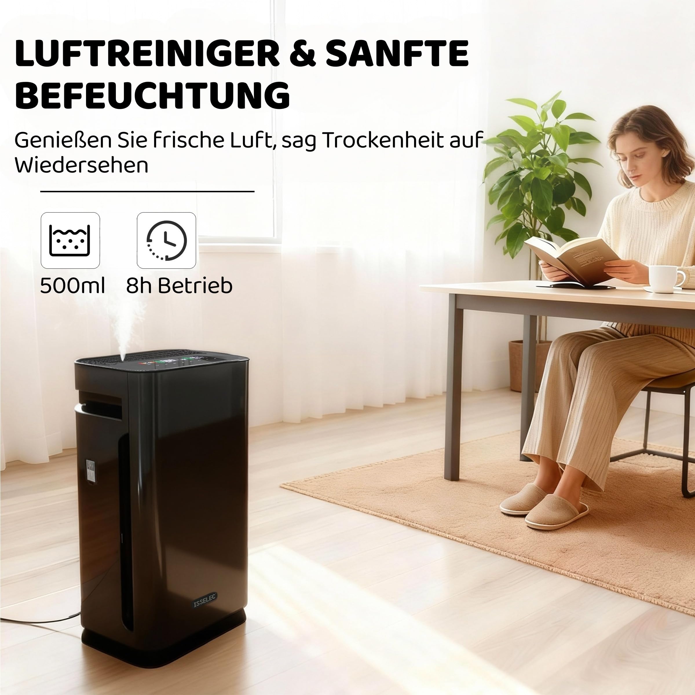 Luftreiniger Allergiker 2 in 1, Luftreiniger Hepa Filter 13 gegen 99,97% von Staub Pollen Tierhaare, CADR 330m³/h bis 80㎡, Air Purifier für Raucherzimmer, 22 dB Schlafmodus, Luftbefeuchter 500ml Tank