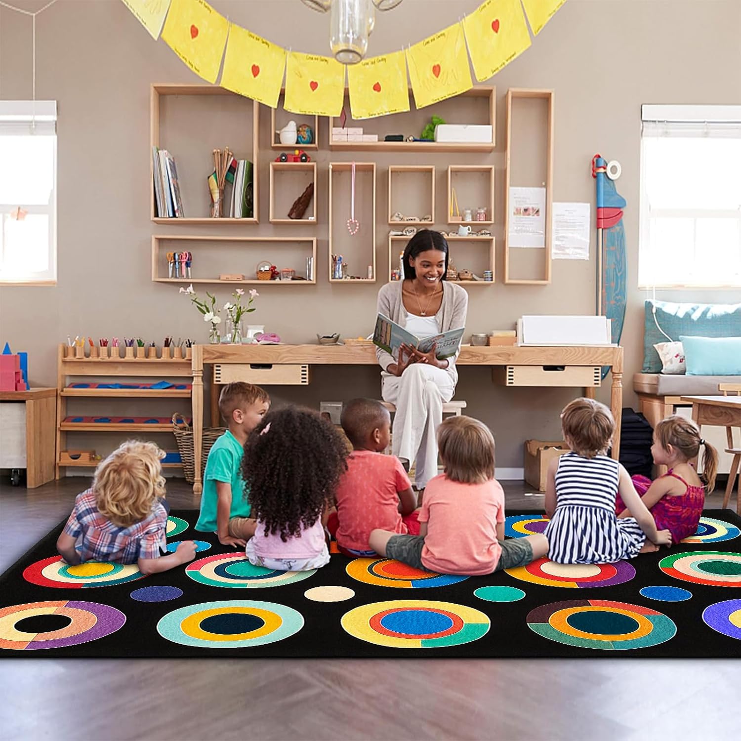 AQQA Classroom Rug,6x9 ft Colorful Circle Print Washable Area Rugs,Non Slip Thin Large Carpet for Kids Room Seating Décor, Children's Classroom, Play Carpet for Teaching and Playroom, Seats 15