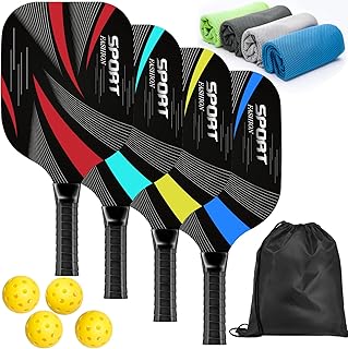 Pickleball Paddles, Pickleball Set with 4 Premium Wooden Pickleball Rackets, 4 Cooling Towels, 4 Pickleball Balls and Carry Bag, Pickleball Rackets with Ergonomic Cushion Grip, Gift for Family Friend
