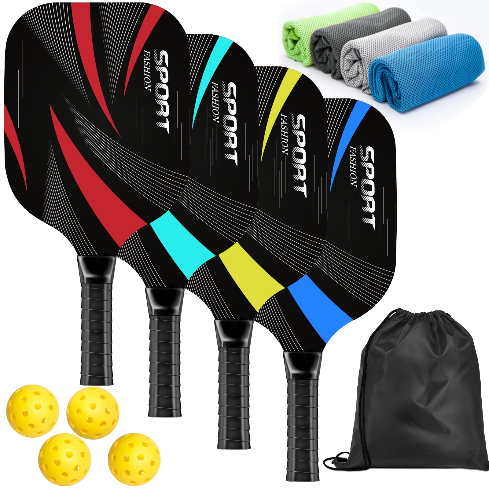 Pickleball Set - 4 Premium Wooden Paddles, 4 Cooling Towels, 4 Balls & Carry Bag - Ergonomic Cushion Grip