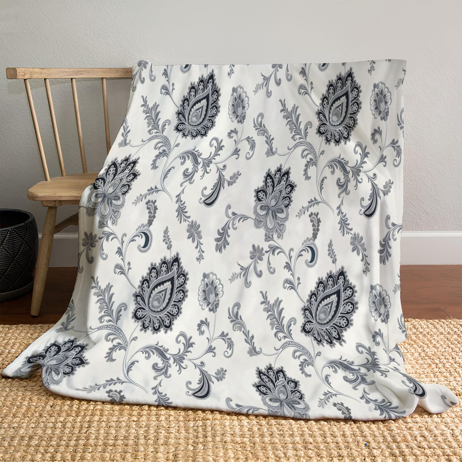 Couverture motif cachemire 150x200cm flanelle grise style rétro chic