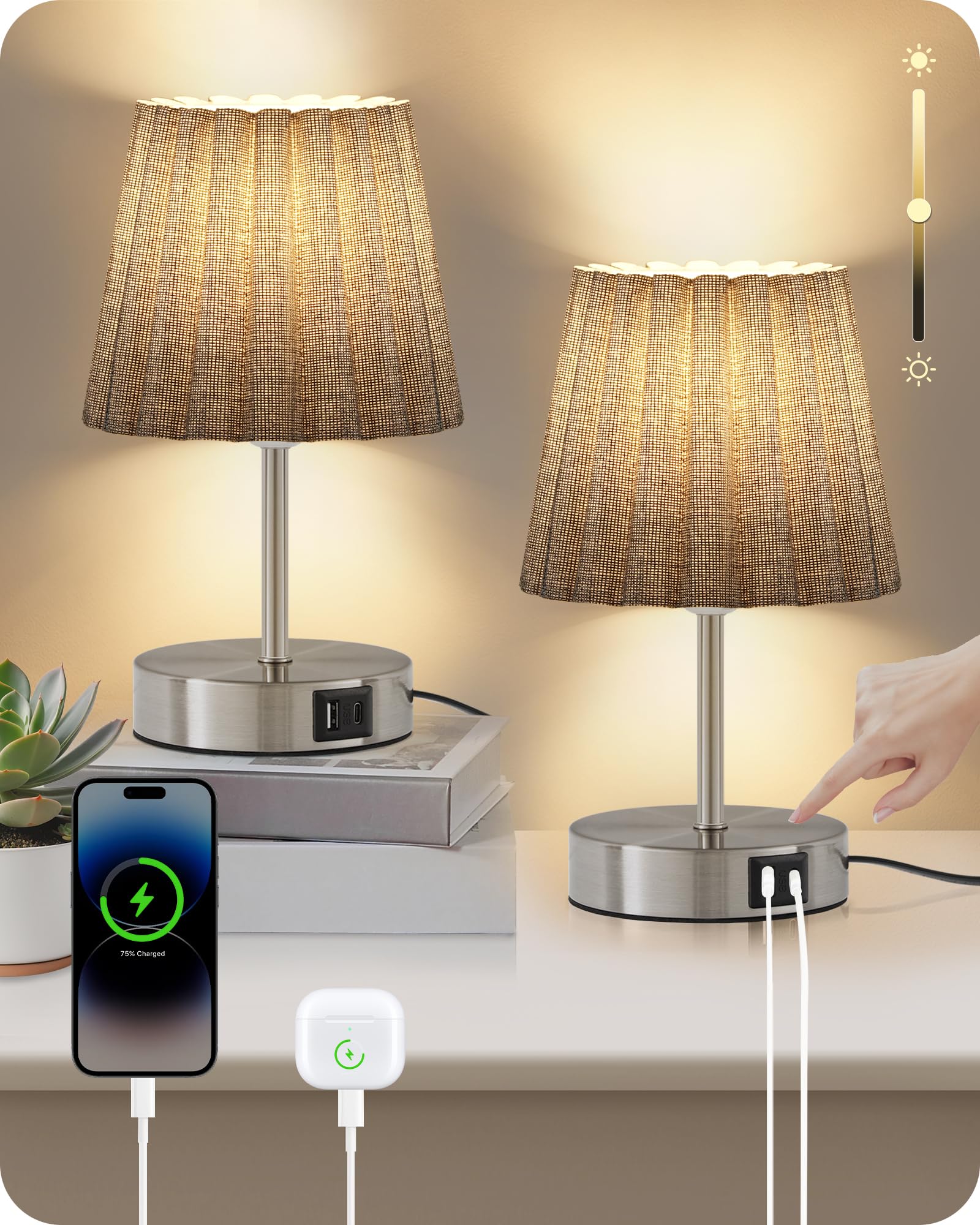 GOEBLESON Small Bedside Table Lamps Set of 2, Touch Dimmable Table Lamps with USB A & USB C Ports, Nightstand Lamps with 2 Stepless Dimming LED Bulbs, for Living Room, Bedroom, ZSH16TLKP205