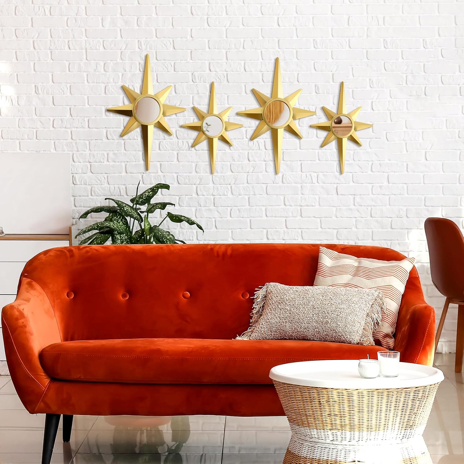 Blulu 4 Pcs Metal Starburst Wall Mirrors Decor 8 Pointed Gold Atomic Stars Hangings Mid Century Modern Elegance Accents Easy Installation Finish Metal Mirrors for Home Office Room