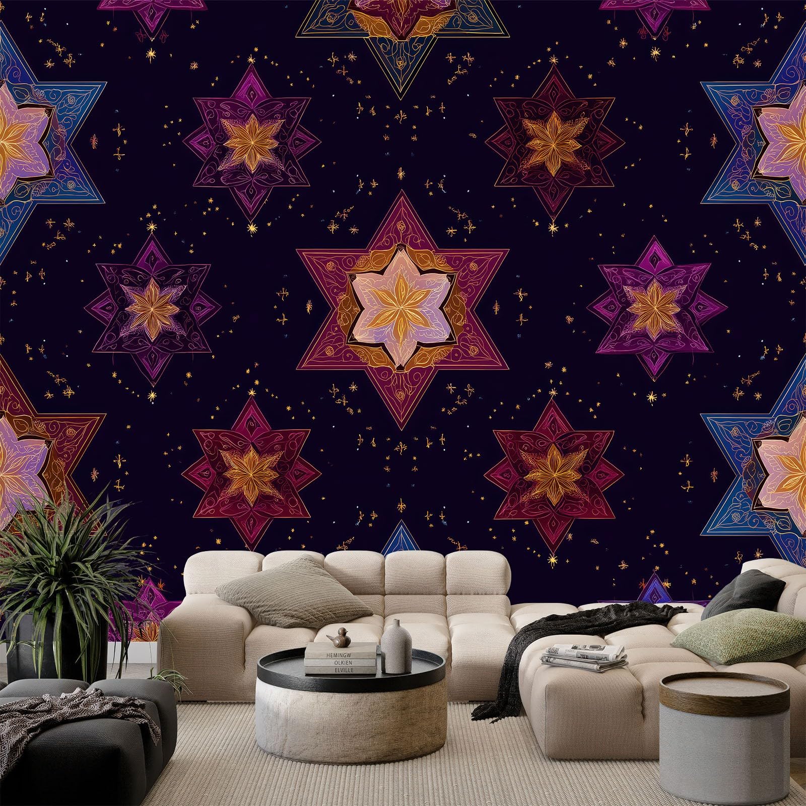 Geometryczny gobelin ścienny z włókniny w gwiazdki kwiaty łatwy do nałożenia - wielokolorowa tapeta na zamówienie 350 l x 256 cm, zmywalny plakat XXL do pokoju dziecięcego i restauracji