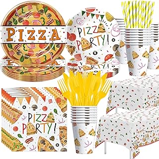 Pizza Party Decorations Tableware for Birthday Baby Shower - Pizza Birthday Party Supplies, Paper Plate, Cup, Napkin, Tablecloth, Disposable Cutlery, Straw | Serves 24