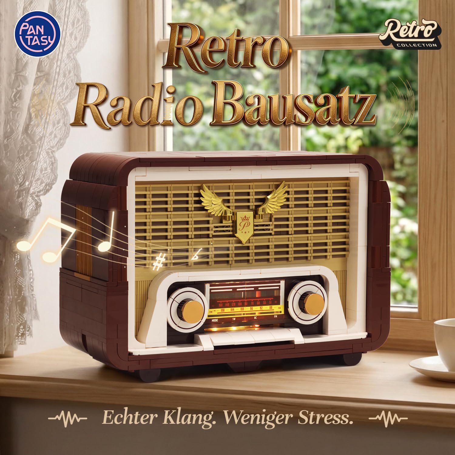 PANTASY Vintage Radio Klemmbaustein-Set für Erwachsene, Retro Radio Modell mit Lichtmodul und beweglichem Abstimmknopf, Handy-Lautsprecher Verstärker Elektronikstruktur, Deko Geschenk