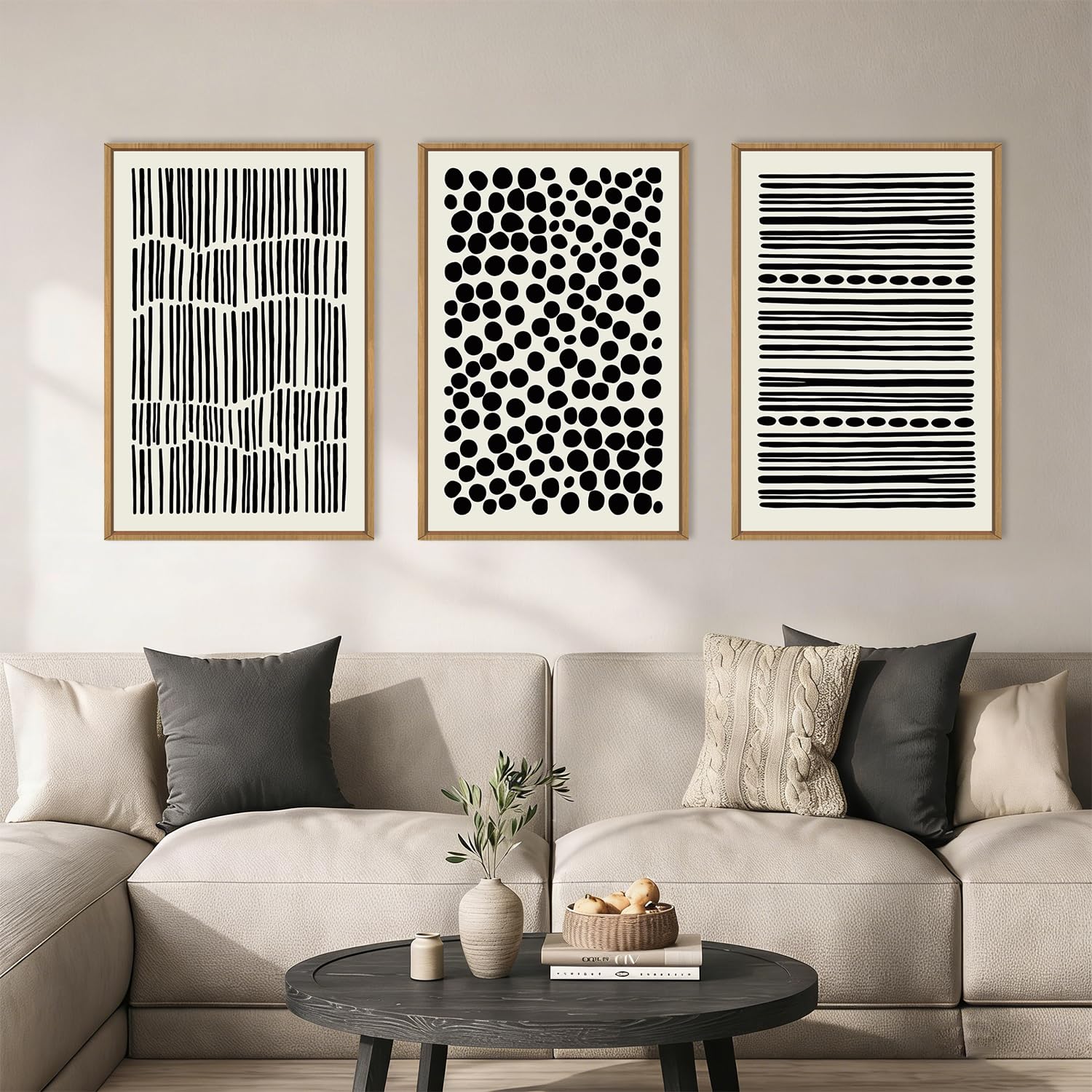 KAIRNE Abstract Black and White Framed Canvas Wall Art Set, Modern Geometric Wall Decor, Minimalist Line Art Prints, Neutral Boho Dots Artwork for Living Room, Bedroom, Farmhouse, Office -24"x36"x3