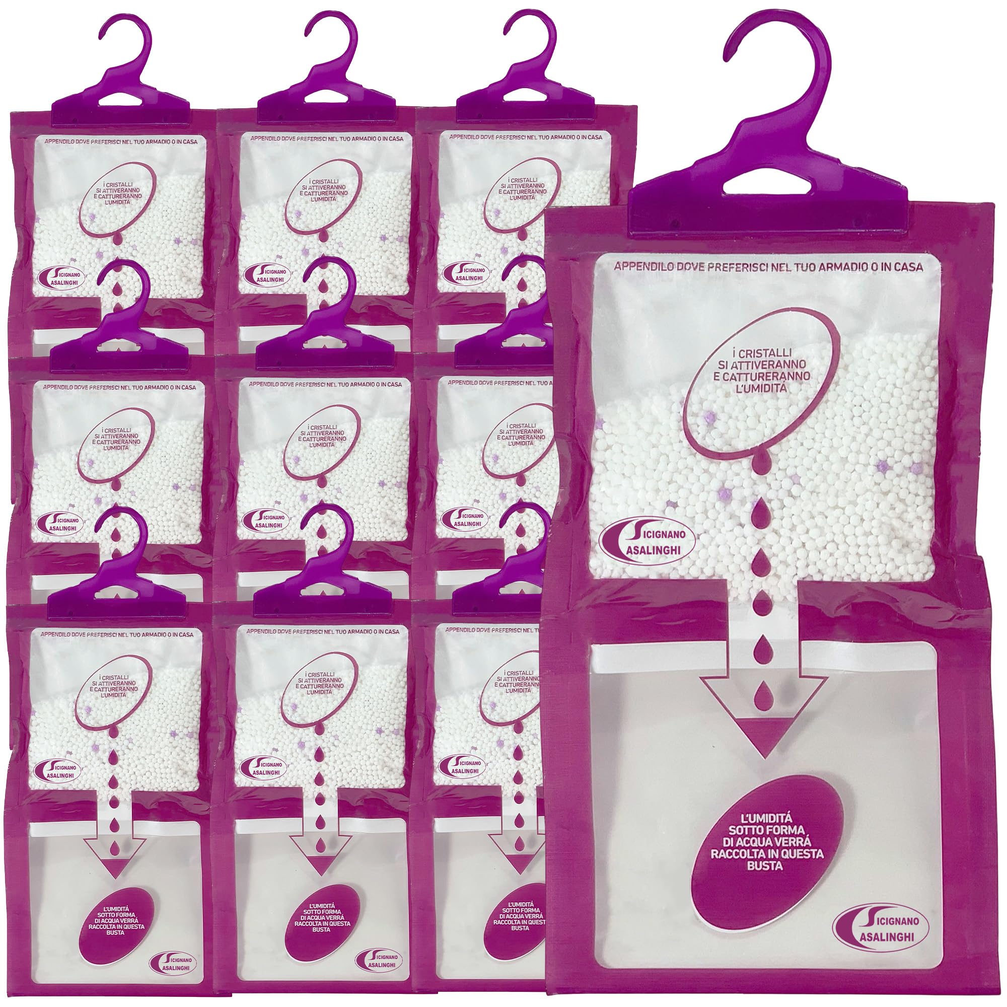 Sicignano | Set 10 Deumidificatori con Appendino 2 in 1, Anti-Umidità e Anti-Odore, Capacità 500 ml, Ideale per Armadi e Ambienti Domestici, Fragranza Lavanda