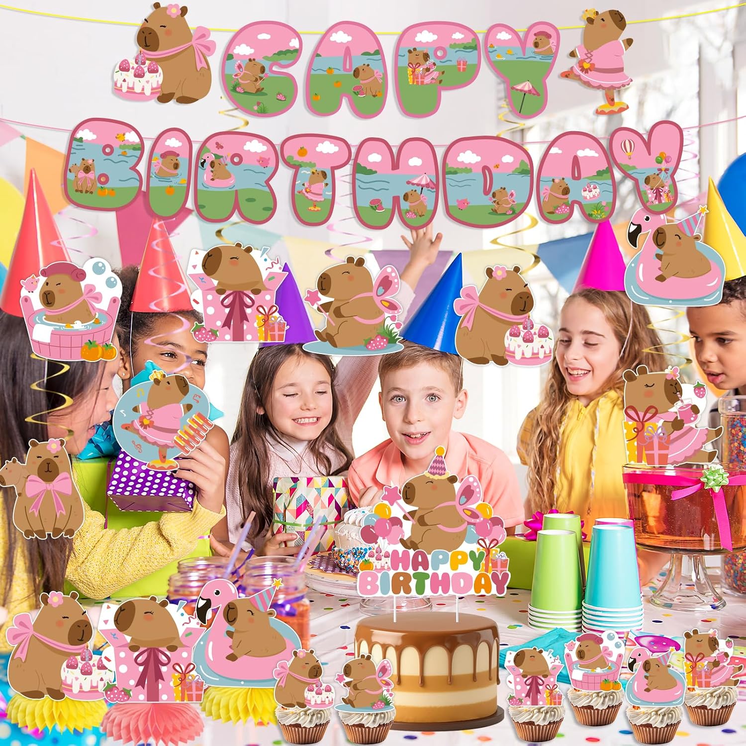 35PCS Pink Capybara Birthday Decorations For Girls - Easy Setup - Includes Banner, Hanging Swirls, Honeycomb & Cake Topper - Perfect For Girls’ Birthday