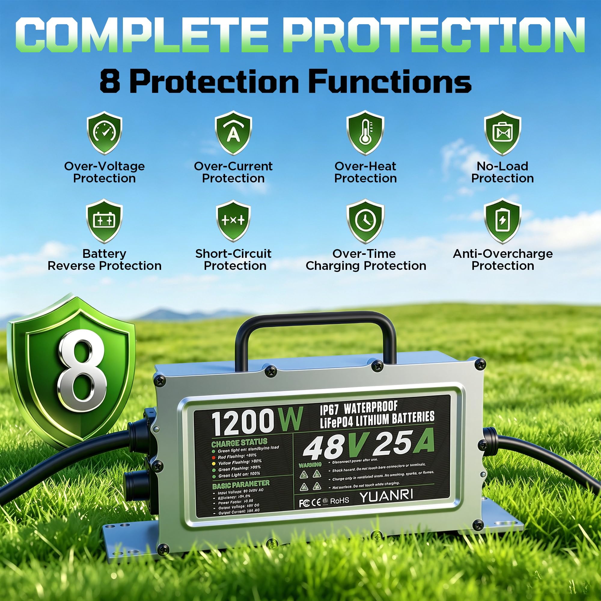 Caricabatteria al litio da 25A 48V 48 volt Lifepo4 Caricabatteria | Sveglia 0V, impermeabile IP67, 8 protezioni, caricabatterie intelligente, connessione 3, indicatore a 3 colori