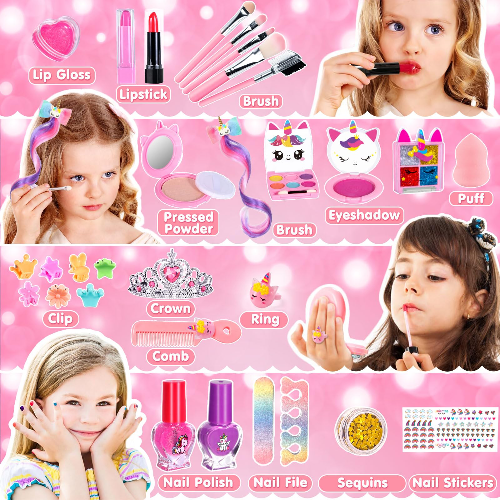 AYNKH Make-upsets voor meisjes, 33 kleuren make-upspeelgoed voor kinderen, niet-giftige cosmetica voor kinderen met 8 wasbare borstels, podiumoptredens, Halloween, verjaardagsfeestje, schoonheidsset