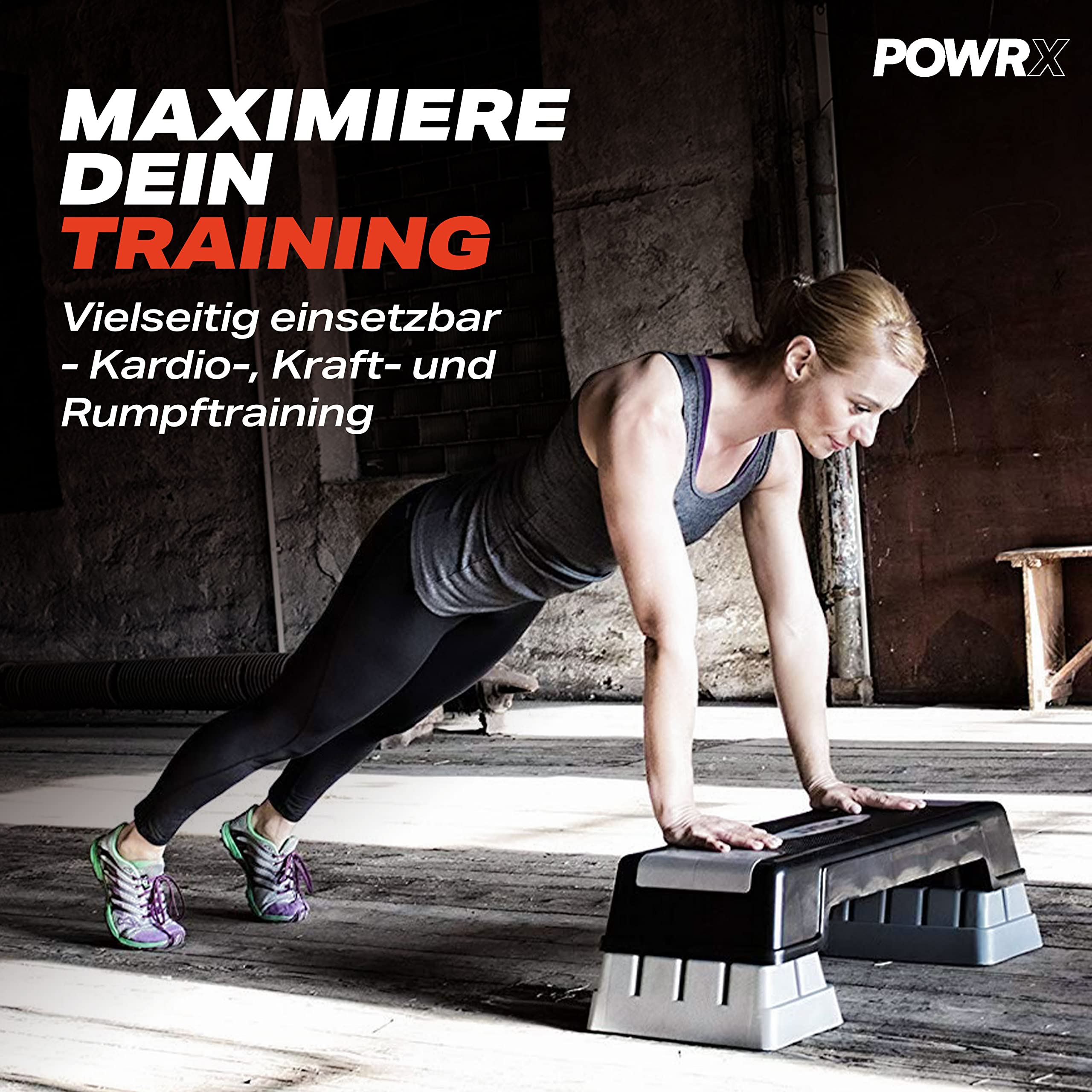 POWRX Aerobic Steppbrett 12/17/24cm (3 Stufen) Grau I Stepper höhenverstellbar und rutschfest für Aerobic, Gymnastik und Fitness I Home Step Stepbench