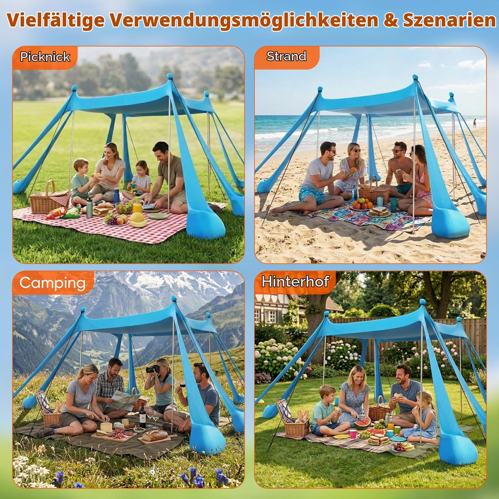 Strandmuschel 3m x 3m, UPF50+ UV-Schutz Sonnenschutz Zelt–Octagon Design mit 8 Heringen & 4 verstärkten Stangen,Großes Strandzelt für 5-8 Personen, Windbeständig für Camping,Picknick & Angeln, Blau
