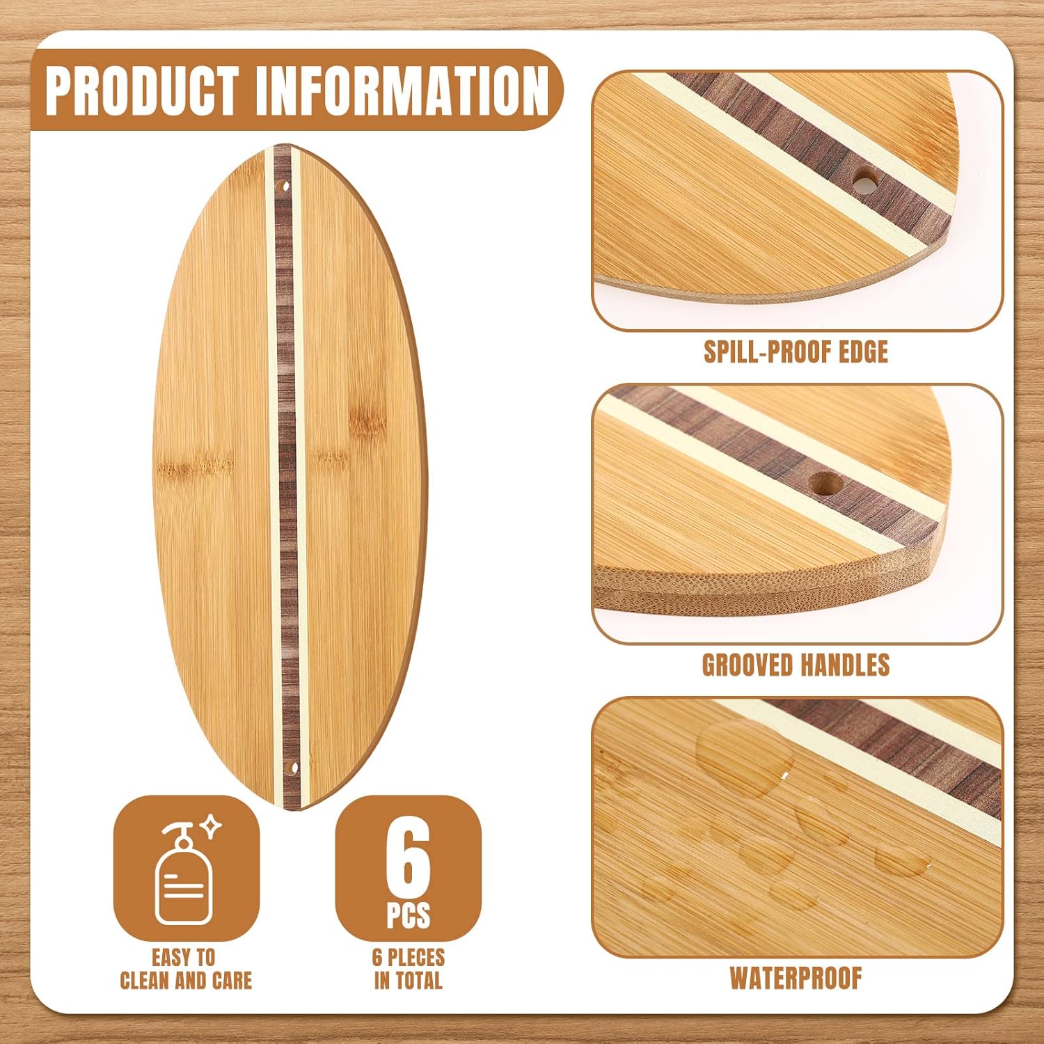 6 Pcs Bamboo Surfboard Cutting Board Surf Shaped Wood Serving and Cutting Board Surfboard Decoration Bar Serving plate Set with Stylish Stripe Design(14.5 x 6 Inch) - Image 3