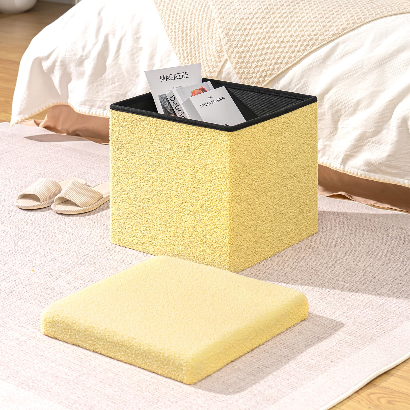 PINPLUS Folding Storage Ottoman Cube, Storage Ottoman with Lid, Yellow Upholstered Sherpa Ottoman with Storage for Bedroom, Foot Rest Stool Seat for Living Room, Dorm, Kids Room, 15.7 Inches