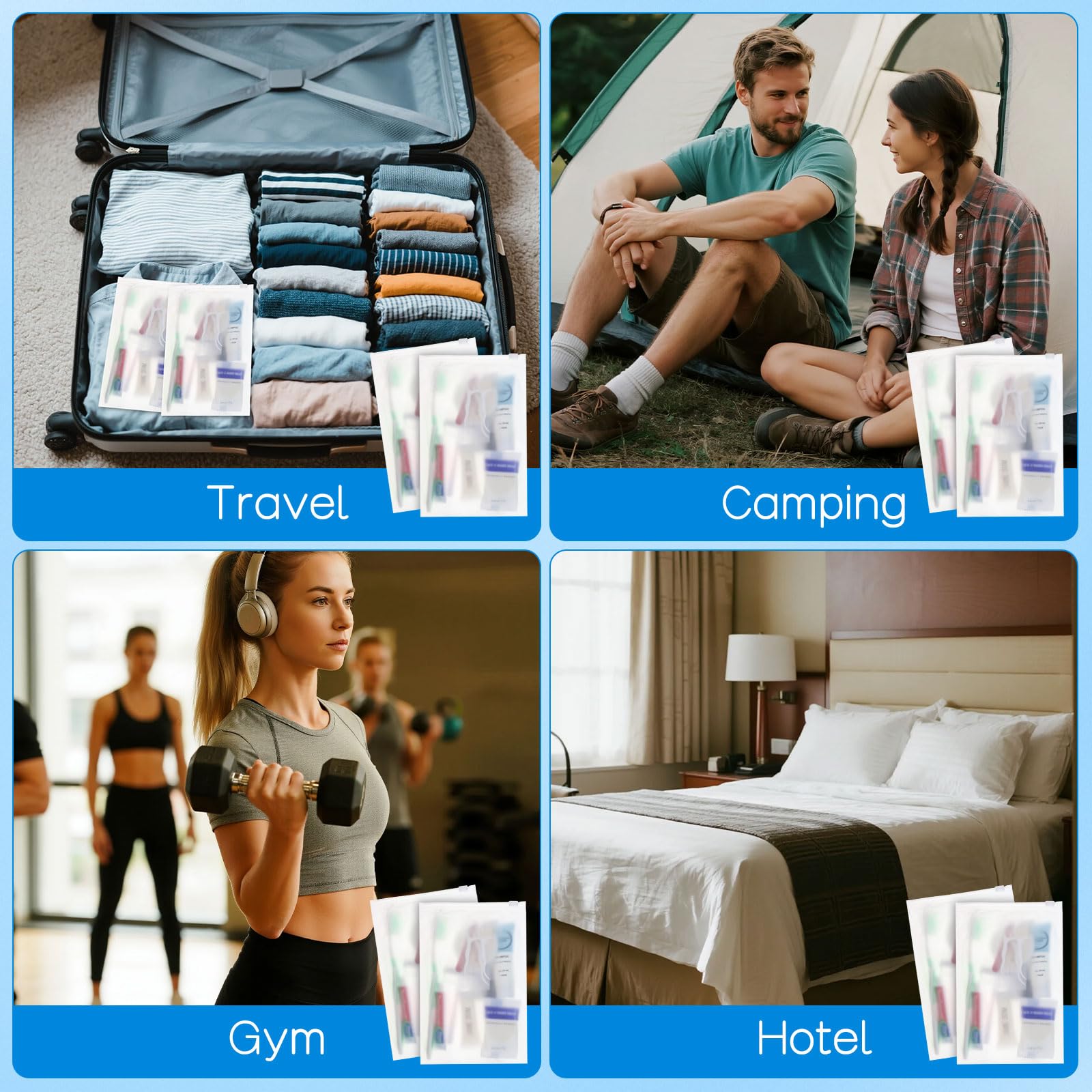 Juego de artículos de tocador desechables de viaje, artículos de aseo a granel, envueltos individualmente, higiene personal esencial para camping, hotel, invitados, sin hogar, caridad, 9 en 1 (paquete