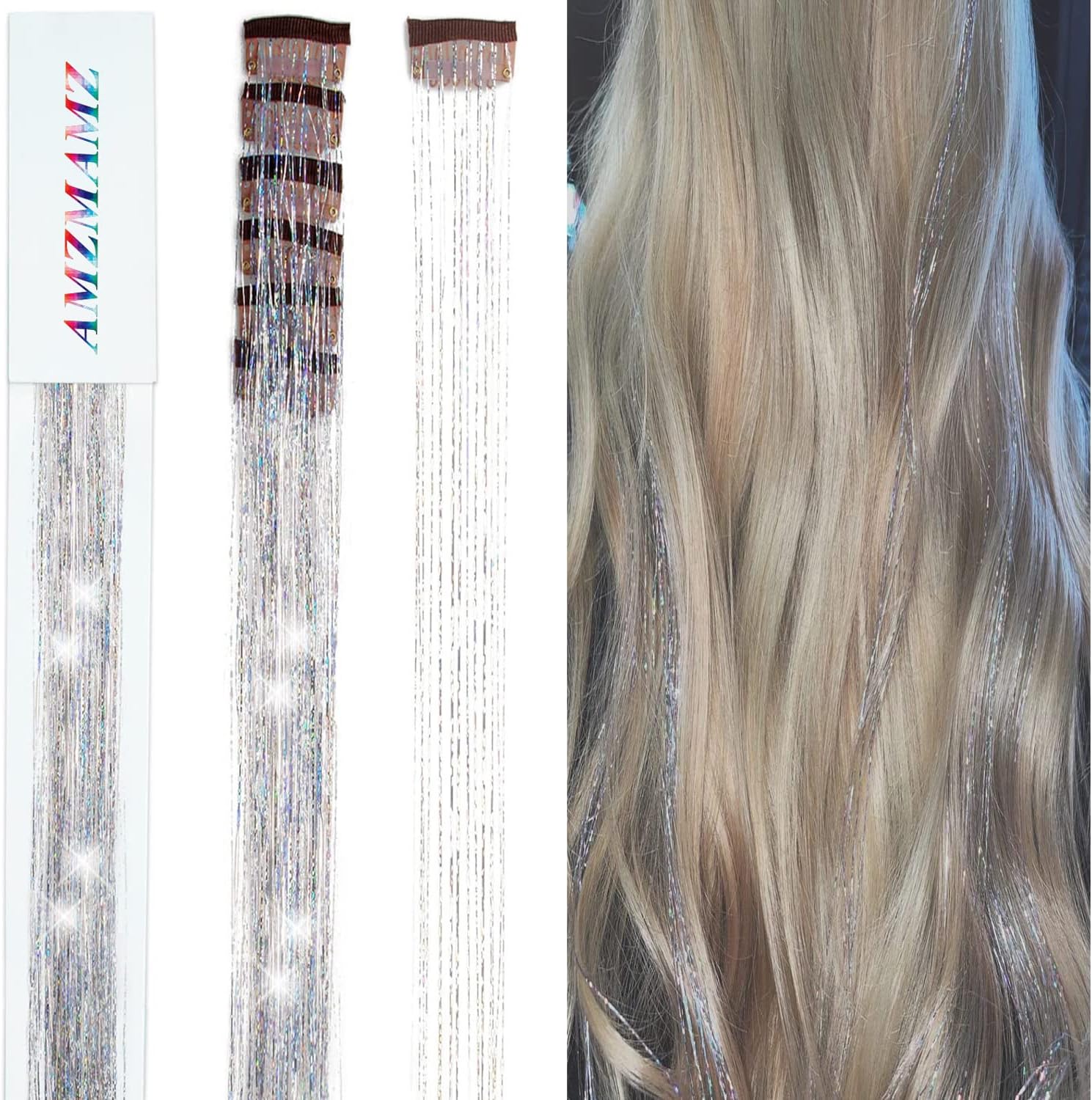 Hair Tinsel Clip in Tinsel Hair Extension 6 Pcs 19.6 Inch Clip in Hair Tinsel Kit Heat Resistant Dazzle Fairy Hair Accessories Glitter Hair Extensions for Women Girls Kids Festival Gift Party (Silver)