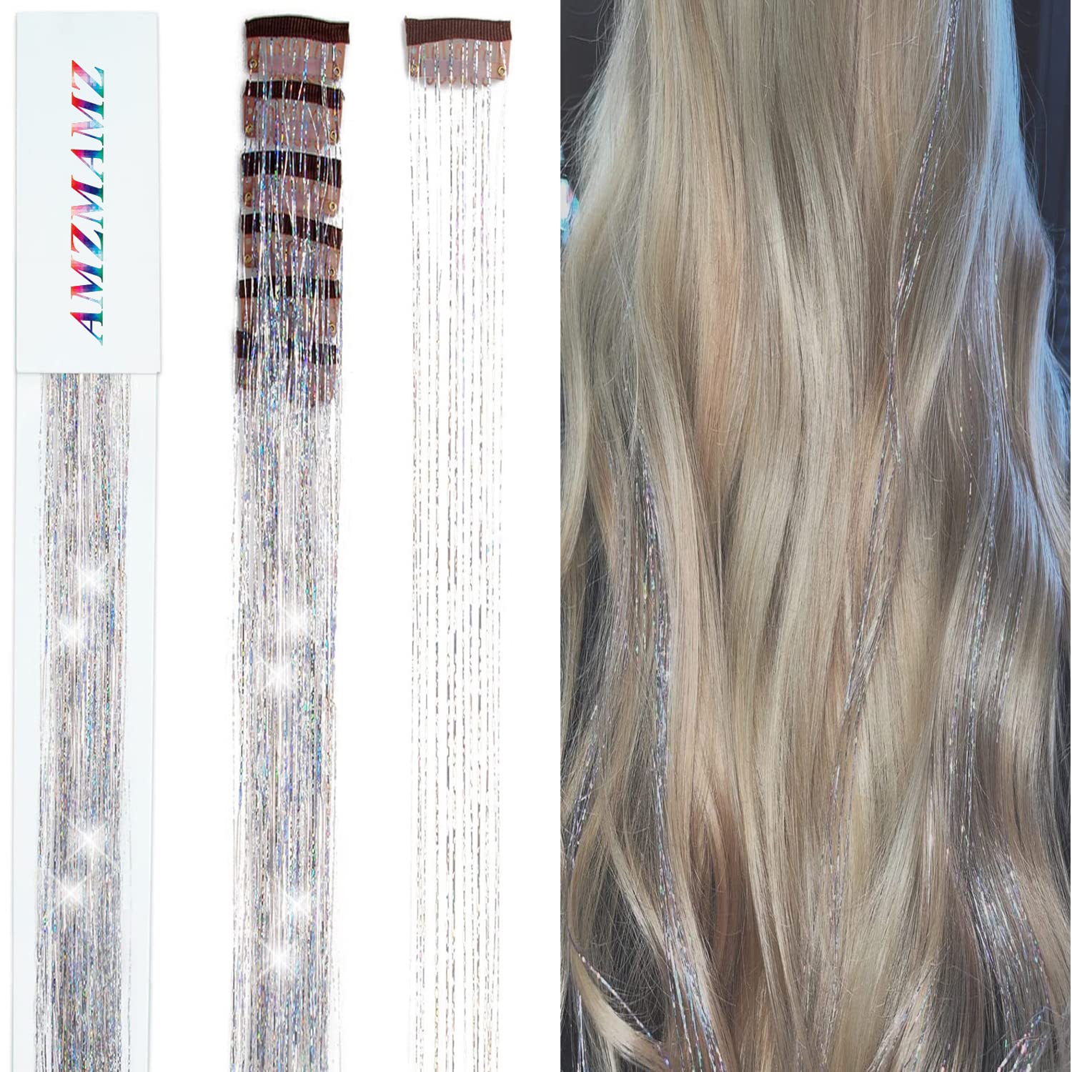 Hair Tinsel Clip in Tinsel Hair Extension 6 Pcs 19.6 Inch Clip in Hair Tinsel Kit Heat Resistant Dazzle Fairy Hair Accessories Glitter Hair Extensions for Women Girls Kids Festival Gift Party (Silver)