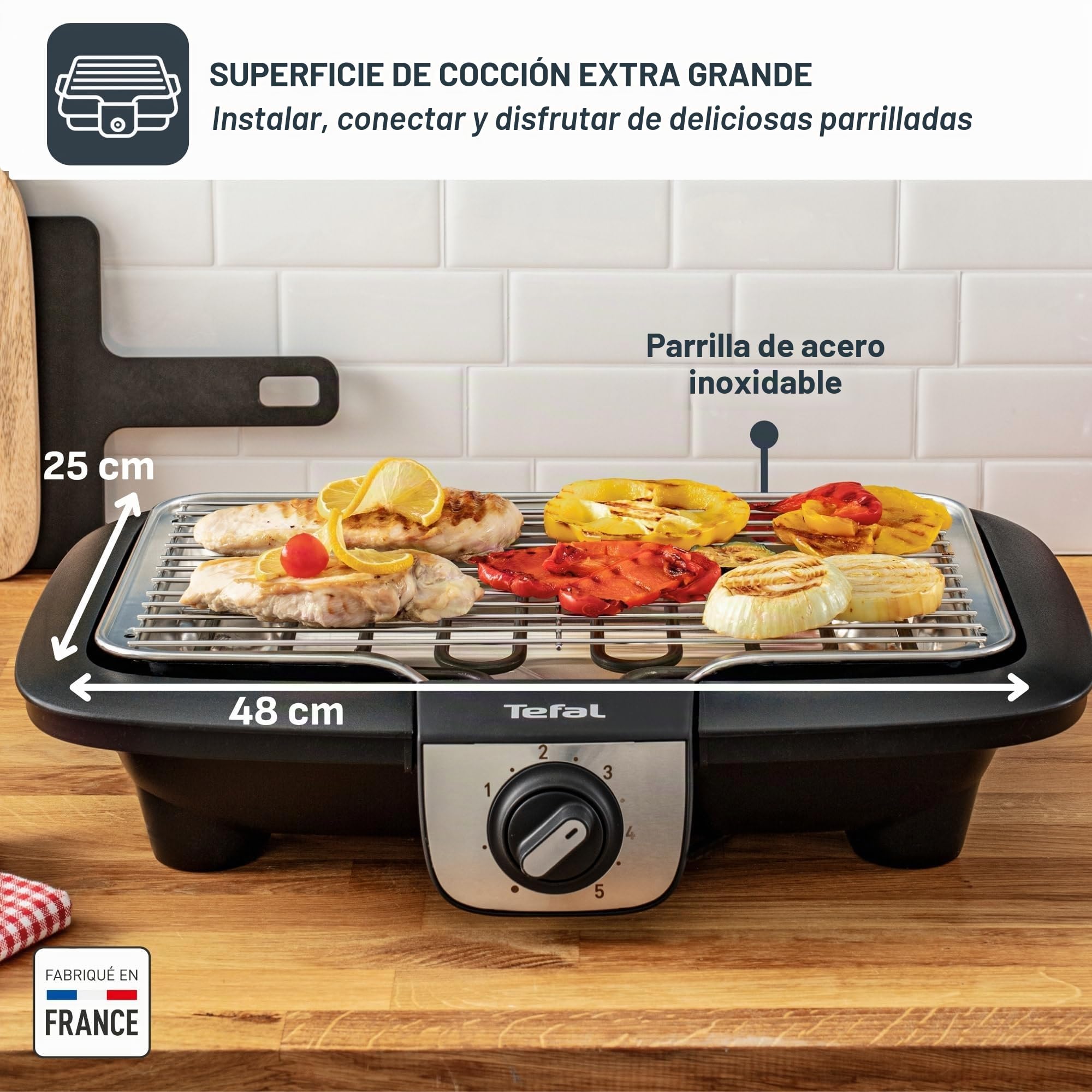 Tefal EasyGrill XXL Barbacoa eléctrica con pies, amplia superficie de cocción, 2500 W, termostato ajustable, cocina simultánea, uso interior y exterior, cortavientos BG921812