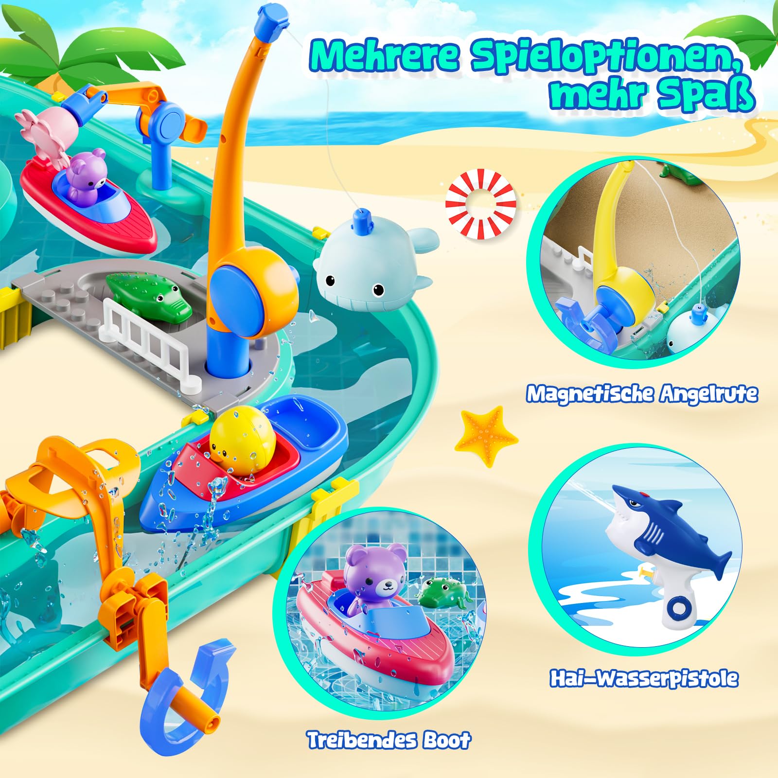 Joellfuner Pista de agua para niños al aire libre, set de juguete acuático 2 en 1 con botes, figuras de animales y pistolas de agua