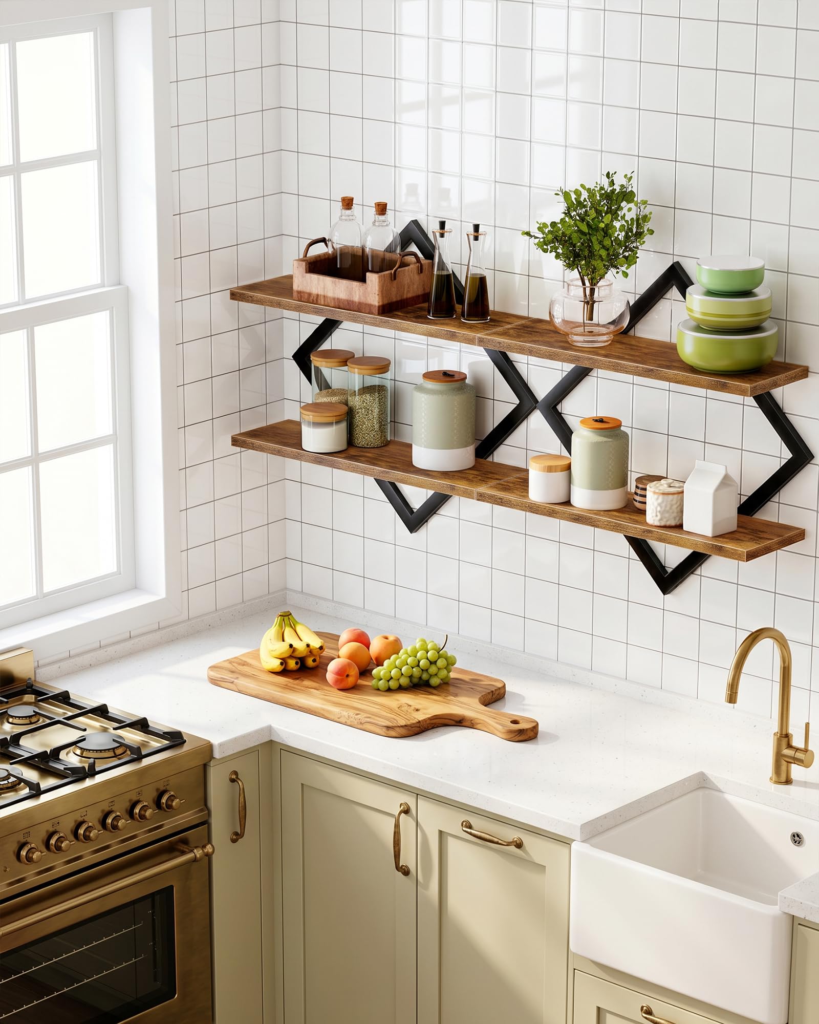 CHOEZON Étagère flottantes, Lot de 2, Étagères murales à 2 Niveaux, Rangements Suspendus avec Cadre métallique losangé, pour Salon, Chambre, Cuisine, Bureau, Marron Rustique et Noir DTBJ01P2BF