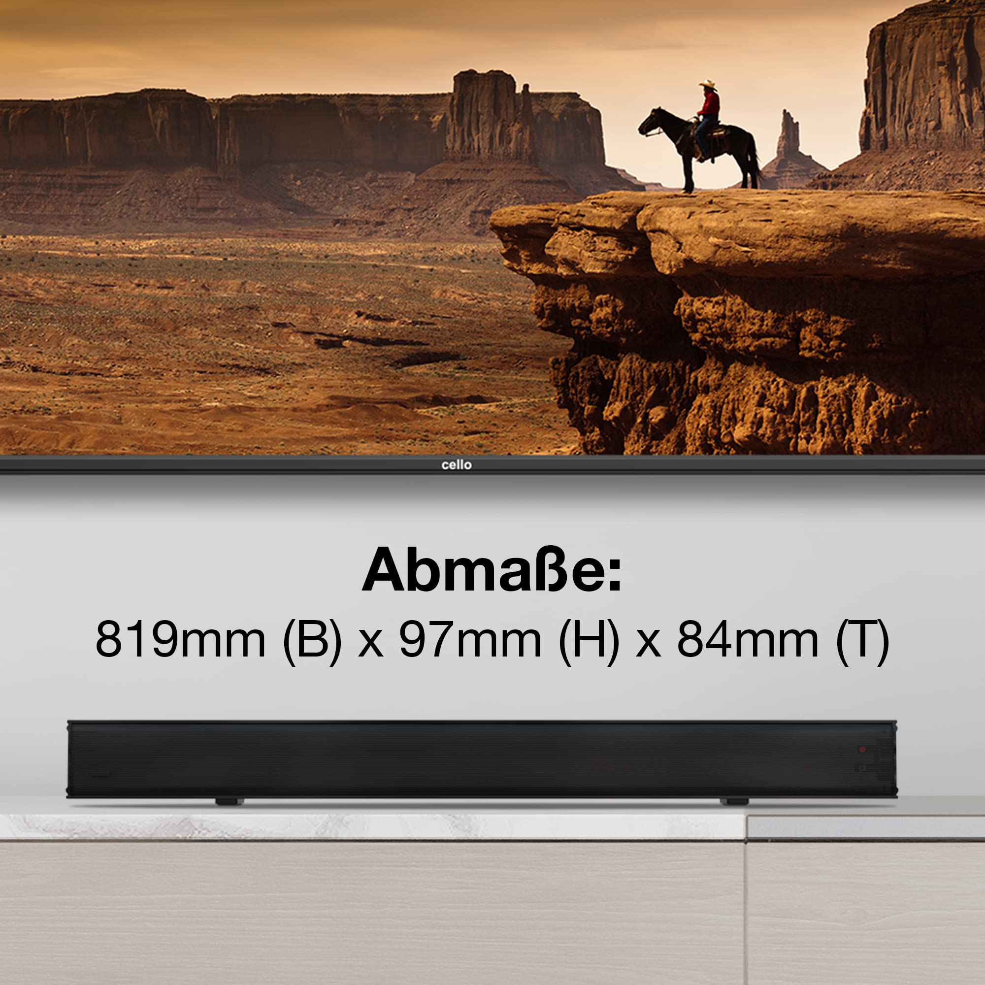 Cello YWS15M-DE TV soundbar 2 x 10 W + 20 W = 40 W kabel Bluetooth 12 V do telewizorów kempingowych, zasilacz czarny