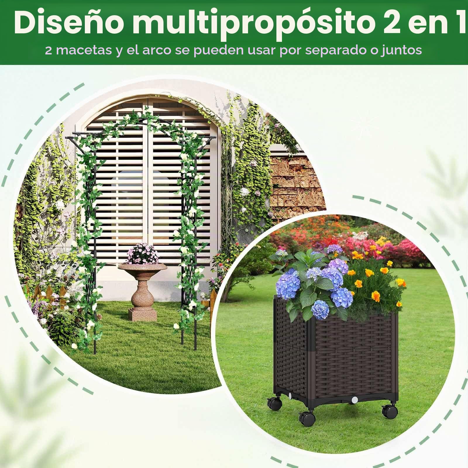 Homasis Arco de Jardín con Sistema de Autorriego, 2 Maceteros y 8 Ruedas, Enrejado de Jardín con Metal Recubierto de PE Antióxido, Soporte para Plantas Trepadoras para Césped Bodas (Negro)