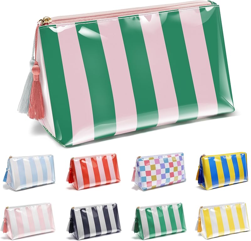 Necessaire de viagem Fozira em PVC transparente com listras, zíper, 22,86 cm x 10,16 cm x 13,97 cm