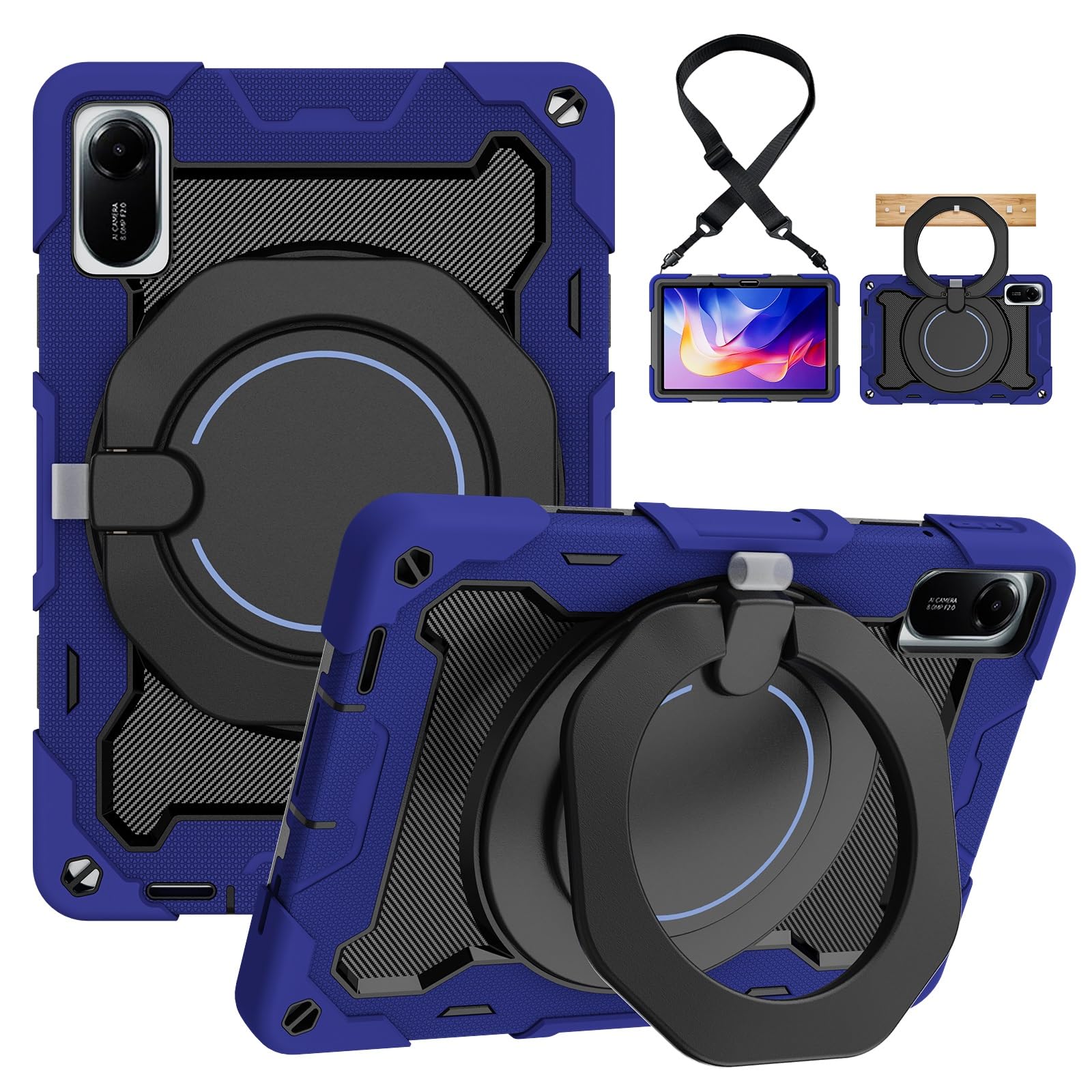 Funda protectora resistente for Xiaomi Redmi Pad 2 de 11 pulgadas 2025, soporte giratorio 360°, correa for el hombro, portalápices y anillo mango, cubierta a prueba golpes for niños adultos(Dark Blue)