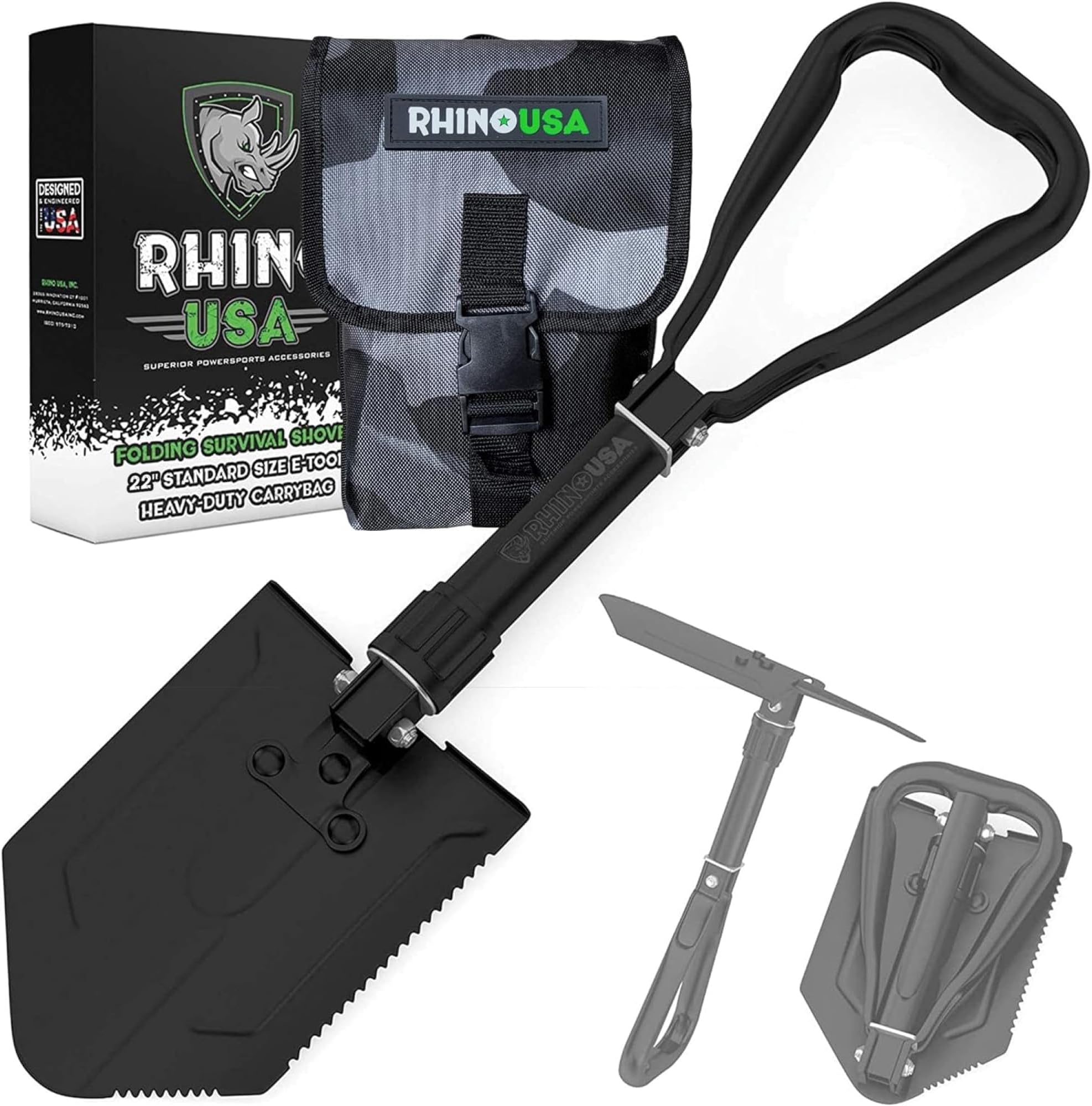Rhino USA Folding Survival Shovel w/Pick - Heavy Duty Carbon Steel Military Style Entrenching Tool